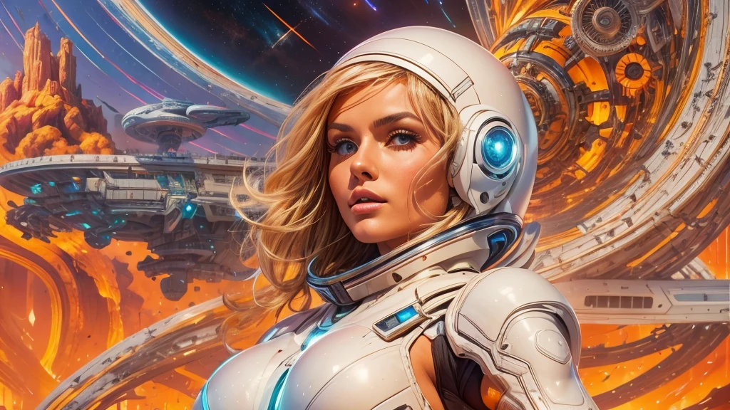 arafed image of a white woman in a futuristic suit with a spaceship in the background, movie art, in front of an orange background, inspired by Robert McGinnis, female protagonist, megastructure in the background, portrait of an ai astronaut, astronauts, an astronaut, portrait of a astronaut skeletor, perfect android girl, detailed eyes, perfectly detailed teeth, frank franzzeta and sakimichan  