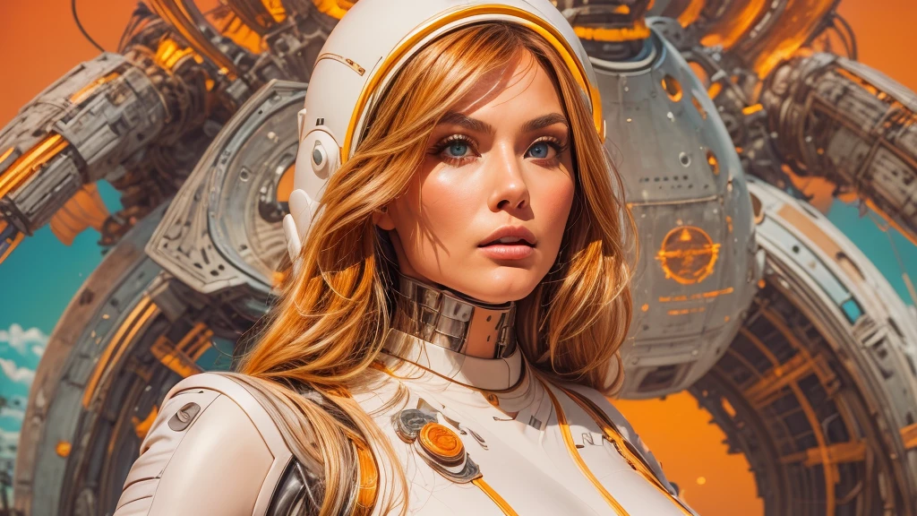 arafed image of a white woman in a futuristic suit with a spaceship in the background, movie art, in front of an orange background, inspired by Robert McGinnis, female protagonist, megastructure in the background, portrait of an ai astronaut, astronauts, an astronaut, portrait of a astronaut skeletor, perfect android girl, detailed eyes, perfectly detailed teeth, frank franzzeta and sakimichan  
