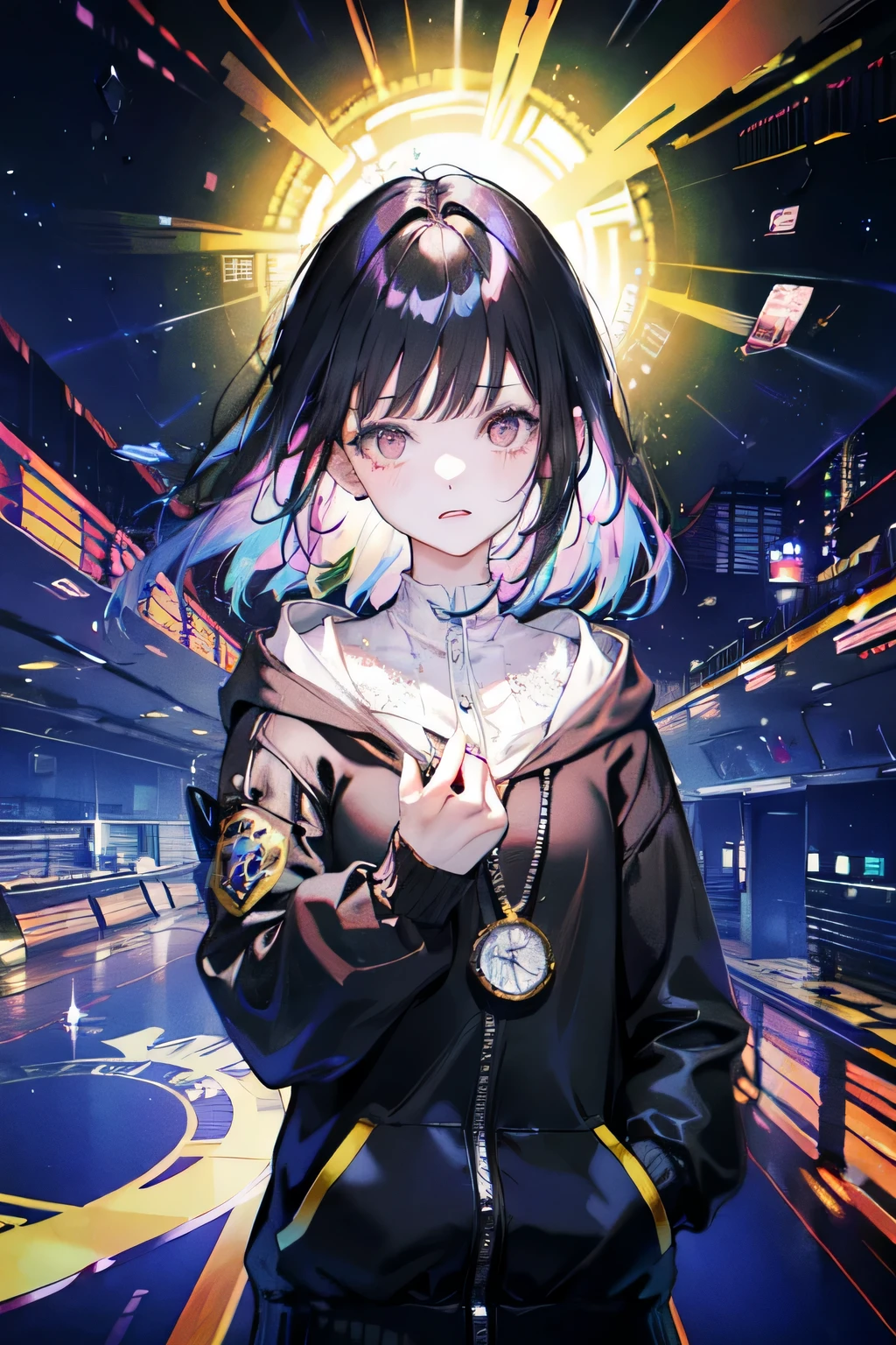(masterpiece), (highest quality:1.1), (Very detailed:1.1), (Very delicate and beautiful), (The ultimate frustration:1.2)、(anger:1.0)、One Girl、Black-haired、Long Hair、Heavy bangs、Rainbow Inner Hair Color、Flat Chest、hoodie、glitter、(Florium)、A vivid face、real skin、high resolution、hourglass, Abstract world, (Pocket watch), Equipment, Twisting and distortion of space, (Intricate and detailed), Where time rules