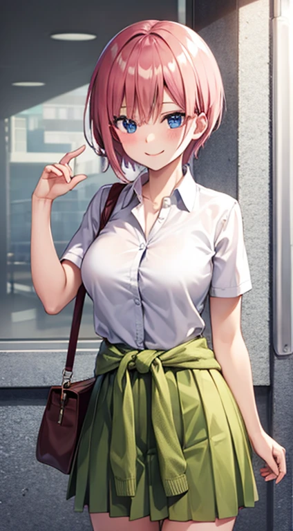 2d, masterpiece, best quality, anime, highly detailed, 1girl, solo, cowboy shot, nakano ichika, pink hair, short hair, cardigan around waist, standing:1.3, lift skirt:1.3, show panties:1.3, collared shirt, green skirt, miniskirt, medium breasts, school, outdoors, smile