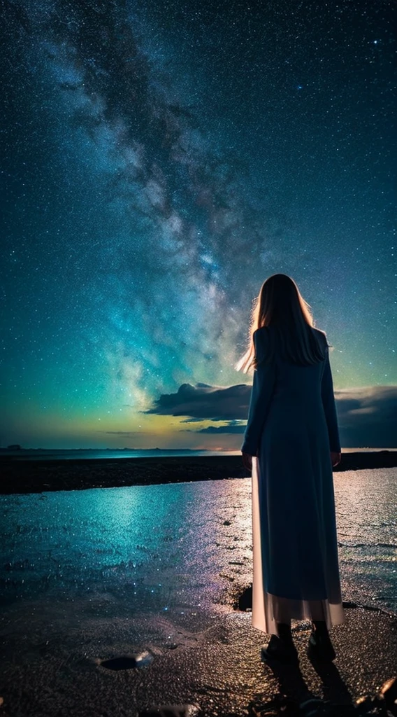 1people,Blonde long-haired woman,Long coat, Dress Silhouette, Rear View,Space Sky, comet, Anime Style, Water's Edge,Night view,