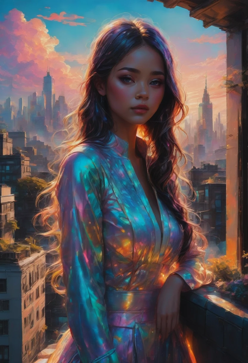 1girl,Person Standing on the Rooftop,aesthetic,scenic view,beautiful detailed eyes, beautiful detailed lips,captivating gaze,happy face,long flowing hair,graceful posture,aesthetic,artistic background,medium: oil painting,ultra-detailed,highres,vivid colors,soft light,peaceful atmosphere,(realistic:1.37),urban environment,modern city skyline, rooftops, distant mountains,sunrise or sunset, slight fog,serene and dreamy,ethereal atmosphere,intricate details,professional,expressive brushstrokes,subtle textures,impressionistic style,art deco influence,intriguing color palette,soft pastel shades,dramatic contrast,romantic elements,inspirational and thought-provoking,fluorescent hues,quirky perspective.