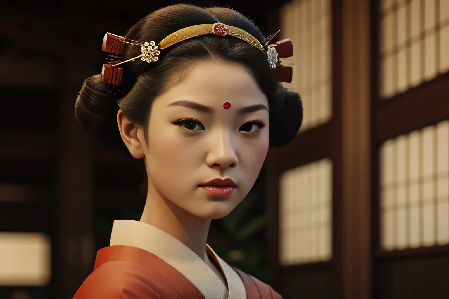 Kioto, 1935. A young ((((15-year-old)) Sayuri)), strikingly beautiful, delicate facial features, porcelain skin, expressive eyes, in a train station, ((amazed expression)), ((((geisha clothings from the 1930s)))), ((geisha hairstyle of the 1930s)), colorful
