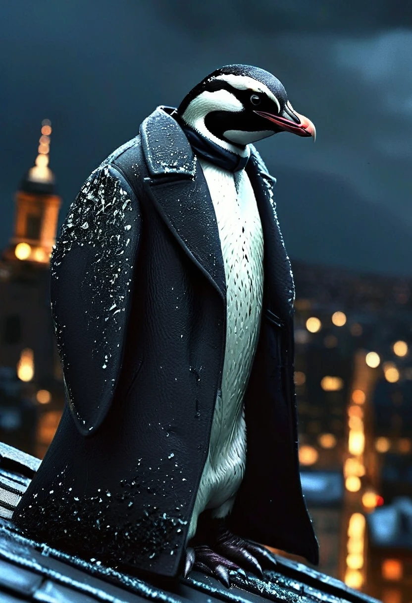 Penguin, Oswald Cobblepot is a comic DC book character, perched atop a roof, captured in DC comics style, noir ambiance pervading the scene, dramatic and epic tone, against the dark nighttime backdrop of Stockholm, sharp focus on character, octane rendering, unique atmospheric visuals, 32k resolution, digital photo art. High Resolution, High Quality, Masterpiece, ultra hd, realistic, vivid colors, highly detailed, UHD drawing, pen and ink, perfect composition, beautiful detailed intricate insanely detailed octane render trending on artstation, 8k artistic photography, photorealistic concept art, soft natural volumetric cinematic perfect light,digital rendering. sharp focus, studio photo, intricate details, highly detailed