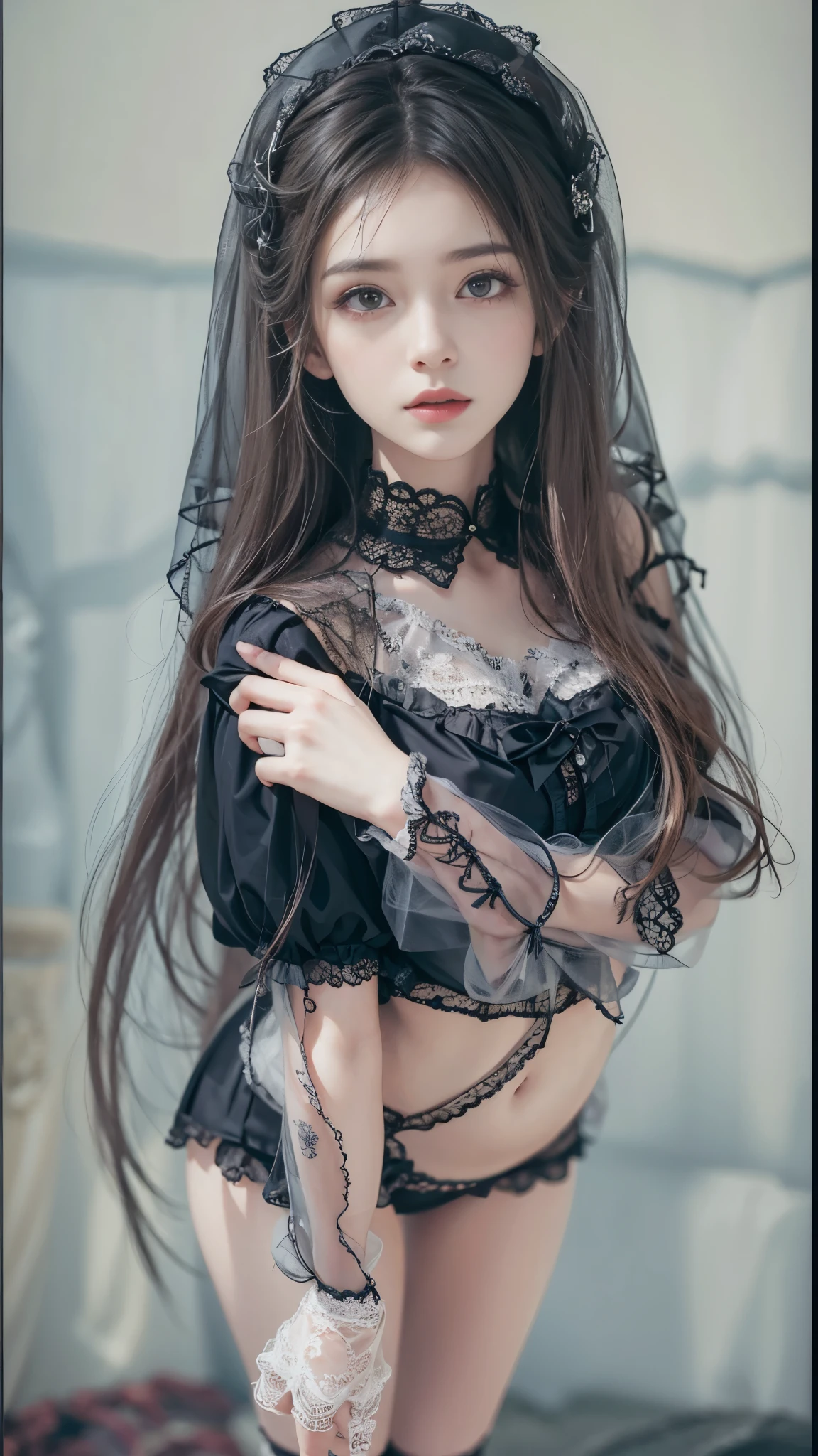 （（realistic illumination，top-quality，8K，tmasterpiece：1.3）），Clear focus：1.2，1womanl，Perfect beauty：1.4，Yushuxin，1girll，shift dresses，独奏，brunette color hair，jewely，long whitr hair，耳Nipple Ring，Bow knot，Black dress，lumber，naturey，exteriors，exposed bare shoulders，Airless Gainsboro，long  skirt，Hair Bow，ln the forest，Pink bow，No shoulder strap，standing on your feet，choker necklace，tilt of the head，Chapped lips，wavey hair，straplessdress，Lace sleeves，Cetacine dress，Close up woman posing for photo in black dress，Beautiful virgin，beautiful Korean women，uma linda princesa，cute elegant pose，Bell Delfinn，Wearing a white dress，beautiful fantasy maiden，Anime princess，beautiful and seductive anime woman，Beautiful Asian Girls，attractive anime girls，elegant glamourous cosplay，（Lie down in bed：1.8），（Beautiful sphere articulated doll：1.3），Luxurious princess dress