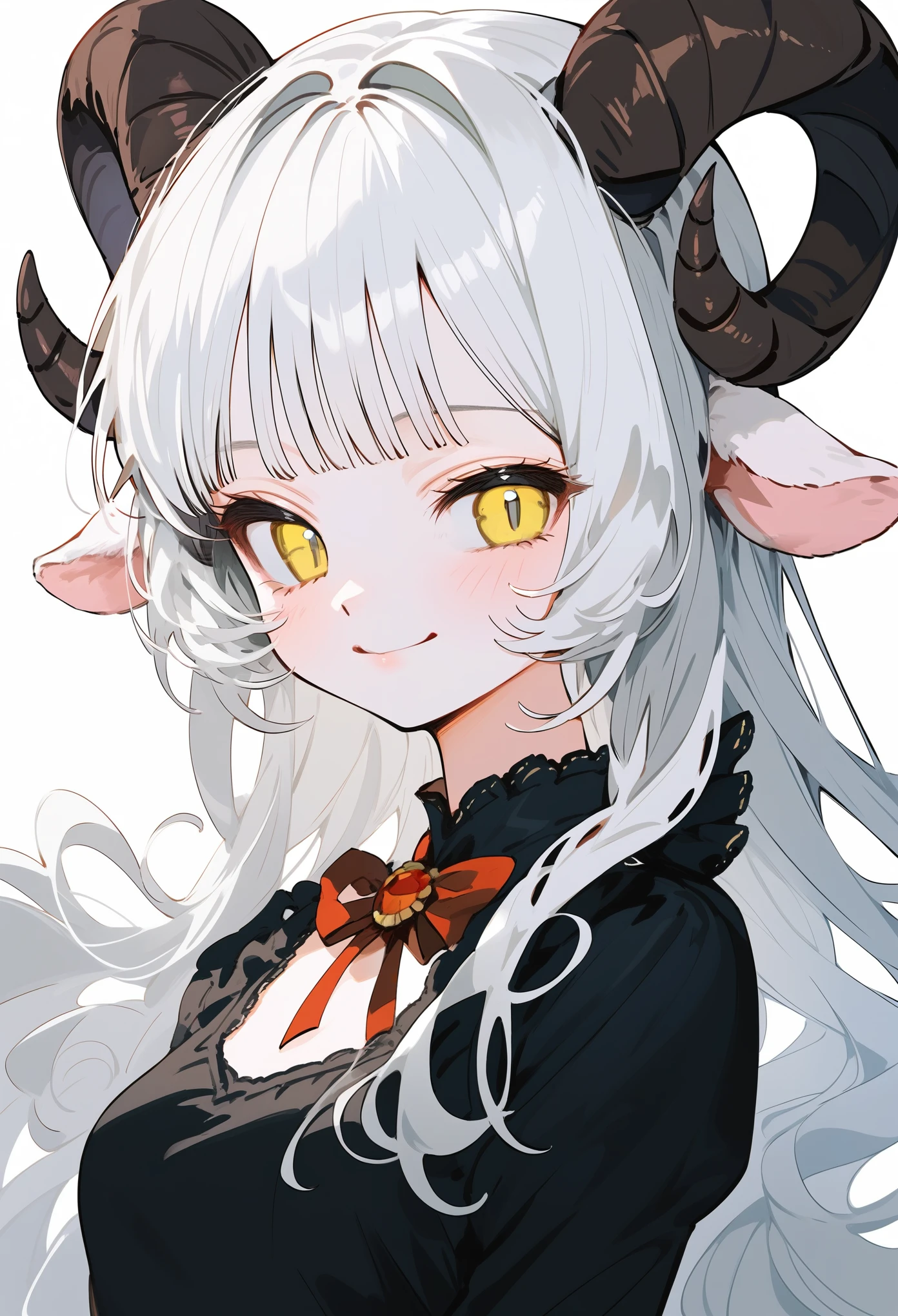 (score_9, score_8_up, score_7_up), 1girl, solo, (sheep horns, curled horns, black horns:1.2), (black sheep ears), white hair, long hair, hime cut, long bangs, pale skin, yellow eyes, evil smile, smug, small breasts, standing, ta fashion, (black dress, old fashioned), (white background, simple background), upper body, highres, detailed, best quality, masterpiece,