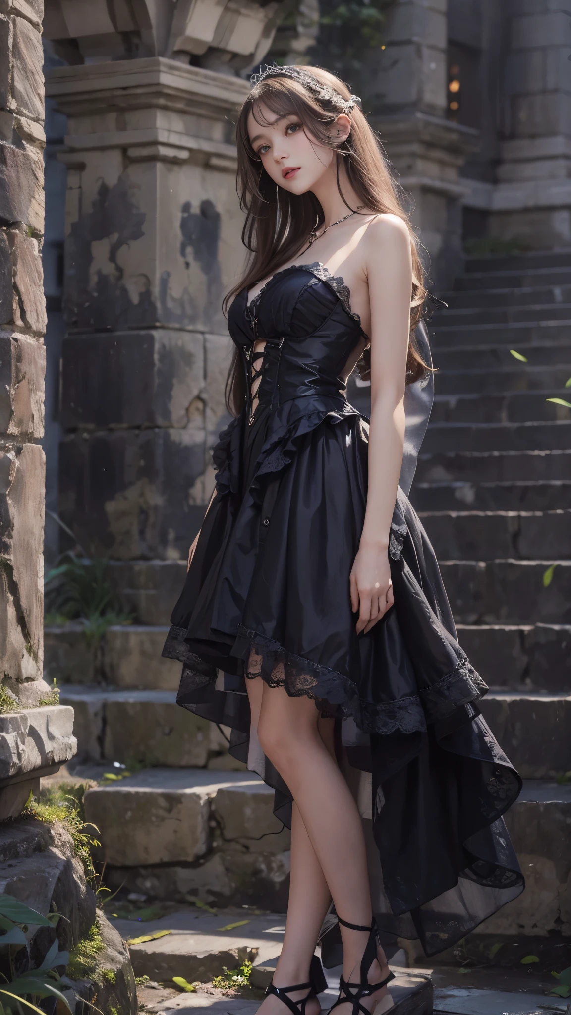 (8k, RAW photos, Best quality, masterpiece:1.2),(Realistically, Shoot real:1.4) ta clothing,Lace, Iris Gainsborough, Upper part of the body, underwear,Expose bare shoulders, external, ancient castle, high quality, Adobe Lightroom, High Detail Skin, Looking at the audience,