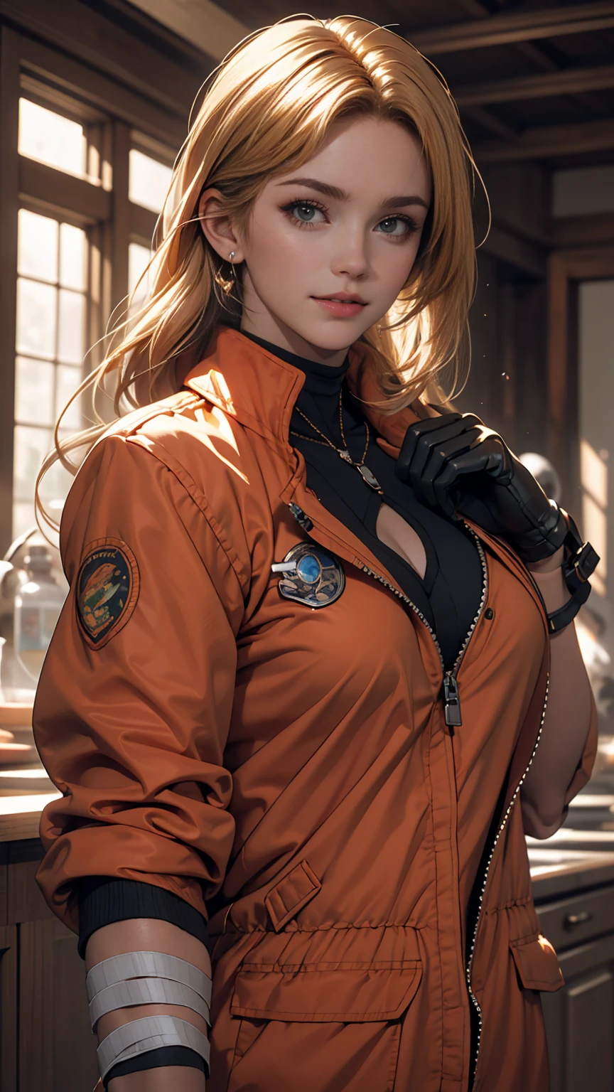 Leather jacket from the top of the swimsuit　girl with　a smile　Red-haired　huge tit　top-quality　​masterpiece　超A high resolution　beautiful a girl　yellow  eyes　poneyTail