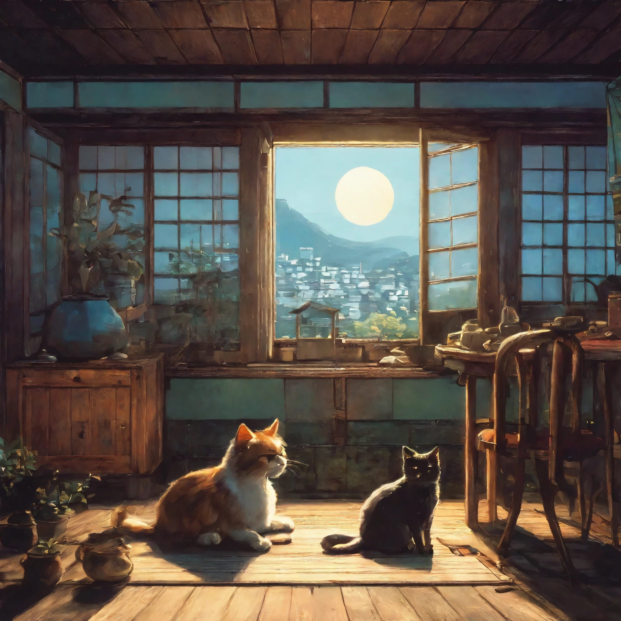 highres, absurdres, detailed background, cat, dog, night, japanese house, deteriorated furniture, windows, moonlight, good lighting, cinematic shadow,