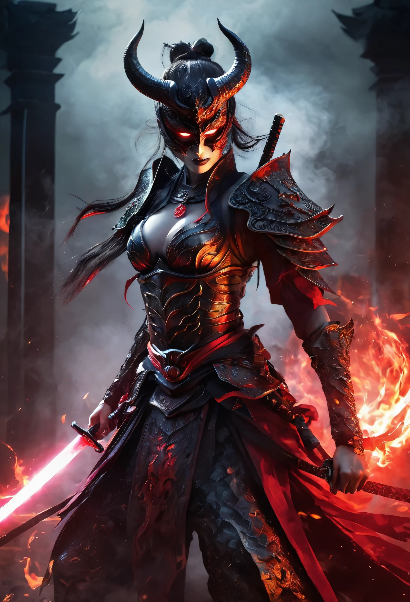 (best quality,4k,8k,highres,masterpiece:1.2), ultra-detailed, (realistic,photorealistic,photo-realistic:1.37), terrifying demon girl with the appearance of a samurai, possessing a beautiful face and slender body, holding a sword. [demonic], [samurai], [sharp katana], [fearsome presence], [intricate armor], [elegant stance], [sinister aura], [glowing eyes], [ominous dark clouds], [menacing shadows], [intense expression], [powerful energy], [dynamic poses], [fiery background], [threatening gaze], [samurai sword techniques], [menacing horns], [flawless skin], [steely resolve], [dramatic lighting], [evil grin], [infernal flames], [sleek and swift movement], [intricate embossing], [mysterious mist], [aura of destruction], [sharp-edged weapon], [fierce warrior], [badass], [battle-ready], [terrifying posture], [epic battle], [enchanting eyes], [devious smile], [vengeful spirit], [deadly precision], [vengeful warrior], [haunting presence], [intimidating aura], [masked devil], [supernatural powers].