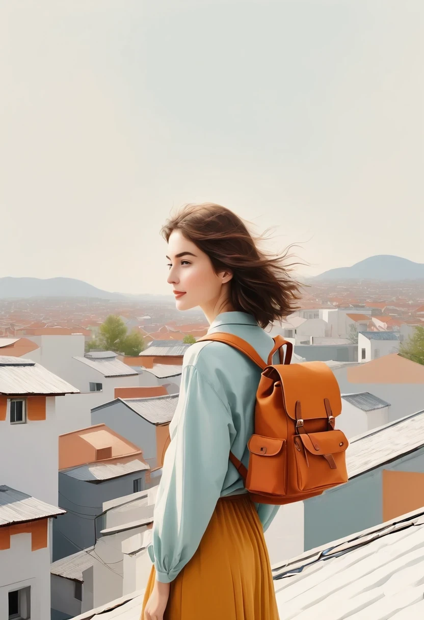 Girl with backpack on rooftop，The backpack is filled with happy spring，Simple lines，Minimalism，abstraction，Lots of white space