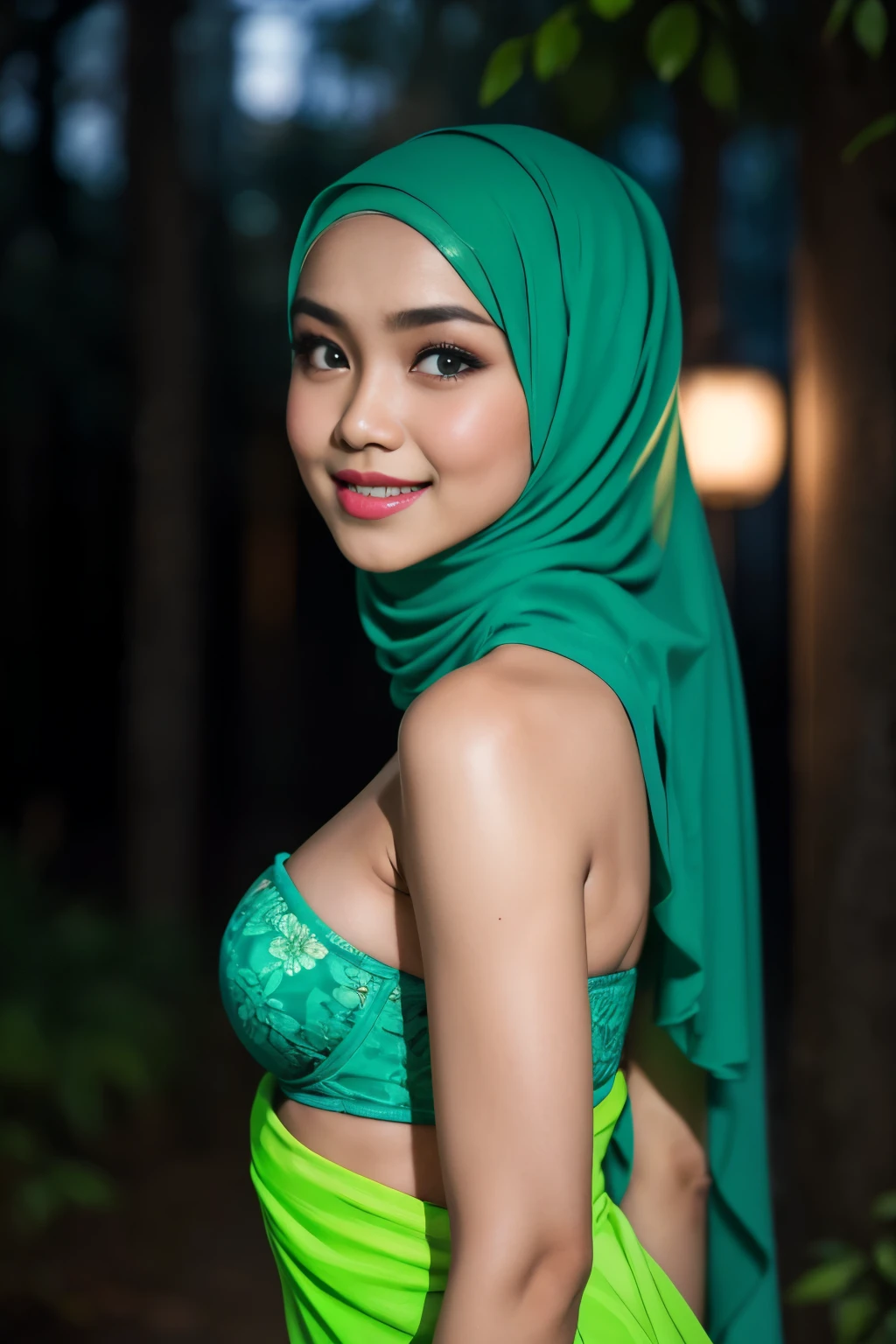 (Happy smile), (((HIJAB MALAY GIRL))), masutepiece, High quality, UHD 32K, Realistic face, Realistic skin feeling , A Japanese Lady, , , Very cute and baby-like face, (((FLAT CHEST))), (Night time at forest), ((look In front at the camera and SADNESS)), (((GREEN FLUORESCENT))), (((CUTE GIRL))), ((GREEN FLUORESCENT LIPS)), ((Floral Pattern)) little wearing strapless bra, strapless colorful bra, dark night background , black forest night, horror scary place (from behind up) seductive pose