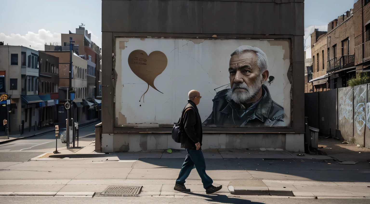 "A old men passing by a deserted street in Brooklyn, New york, with a mural (old wall) depicting torn hearts on an outdoor billboard. (best quality, highres), with ultra-detailed and realistic portrayal, showcasing the vibrant colors and bokeh effect. The mural is created with a mix of painting and illustration techniques, giving it an artistic touch. The street is empty, emphasizing the desolation and loneliness. The old wall showcases a weathered texture, adding character to the scene. The lighting is dramatic, casting long shadows on the wall and creating a sense of mystery. The overall color tone is somber, with a hint of melancholy. The old men walking past the mural is wearing casual attire, conveying a sense of solitude and contemplation. The mural acts as a visual representation of heartbreak and emotional vulnerability, setting a poignant tone for the artwork. The composition of the image is carefully framed to capture the essence of the deserted street and the emotional impact of the mural's imagery.