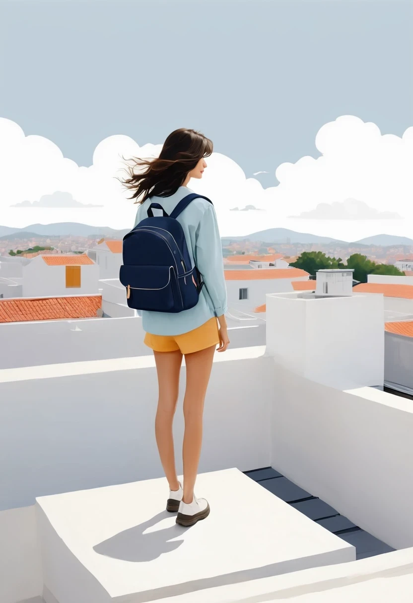 Girl with backpack on rooftop，The backpack is filled with happy spring，Simple lines，Minimalism，abstraction，Lots of white space