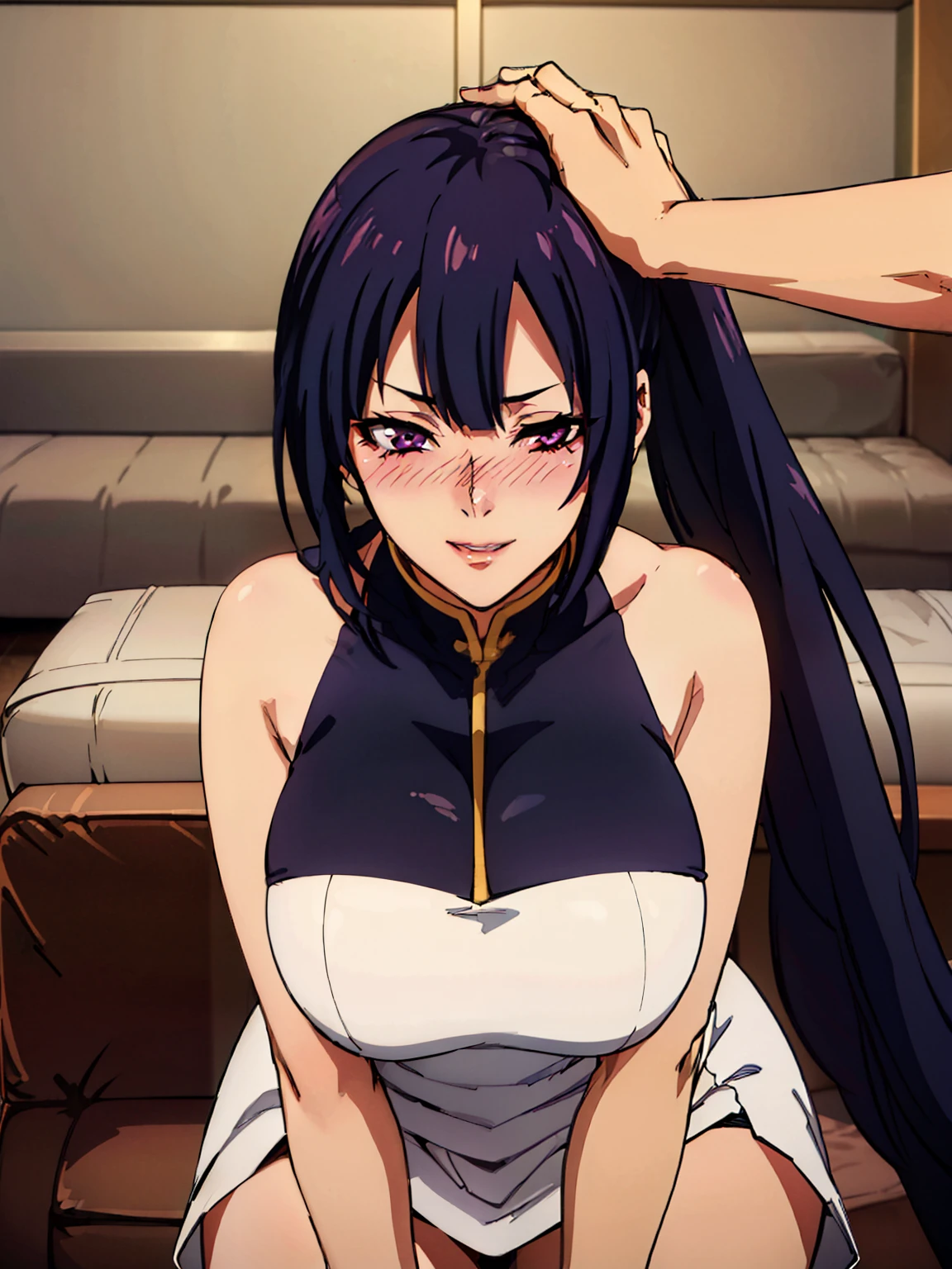 (Headpat POV : 1.3), white dress, (luxury livingroom background), Litchi Faye-Ling, mature woman, anime cels style, best quality, high resolution, 1girl, (huge breasts:1.2), beautiful face, Beautiful Finger, Beautiful long legs, Beautiful body, Beautiful Nose,Beautiful character design, black hair, very long hair, ponytail,Bangs,purple eyes, (cowboy shot), shouting, happy face, blushing, looking at viewer