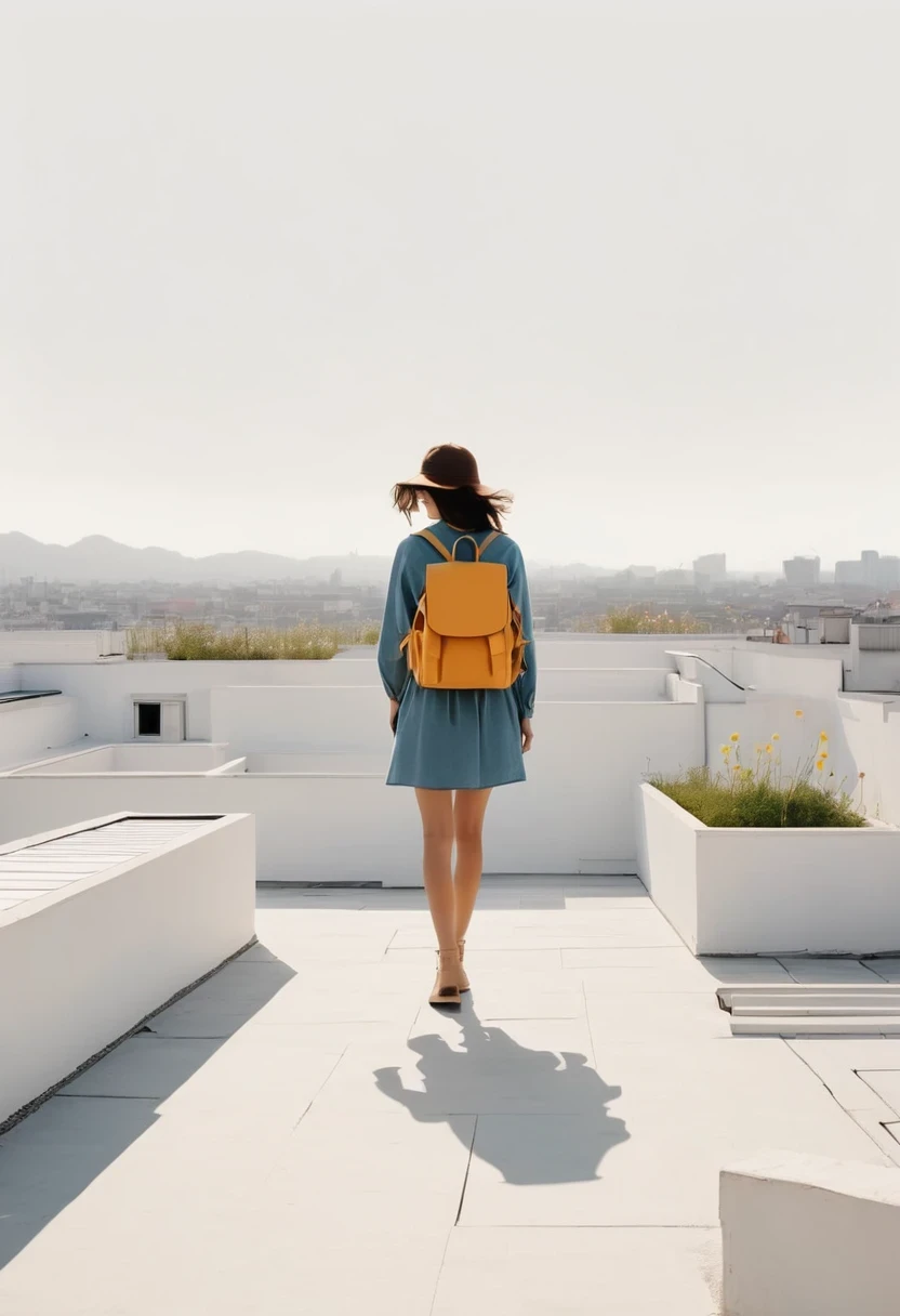 Girl with backpack on rooftop,The backpack is filled with happy spring,Simple lines,Minimalism,abstraction,Lots of white space