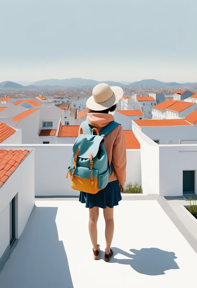 Girl with backpack on rooftop,The backpack is filled with happy spring,Simple lines,Minimalism,abstraction,Lots of white space