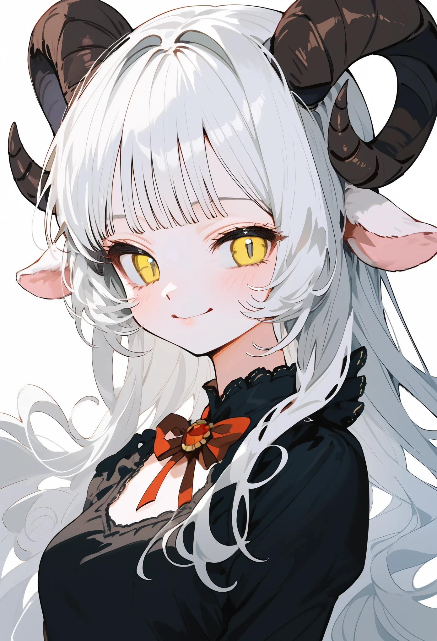 (score_9, score_8_up, score_7_up), 1girl, solo, (sheep horns, curled horns, black horns:1.2), (black sheep ears), white hair, long hair, hime cut, long bangs, pale skin, yellow eyes, evil smile, smug, small breasts, standing, lolita fashion, (black dress, old fashioned), (white background, simple background), upper body, highres, detailed, best quality, masterpiece,