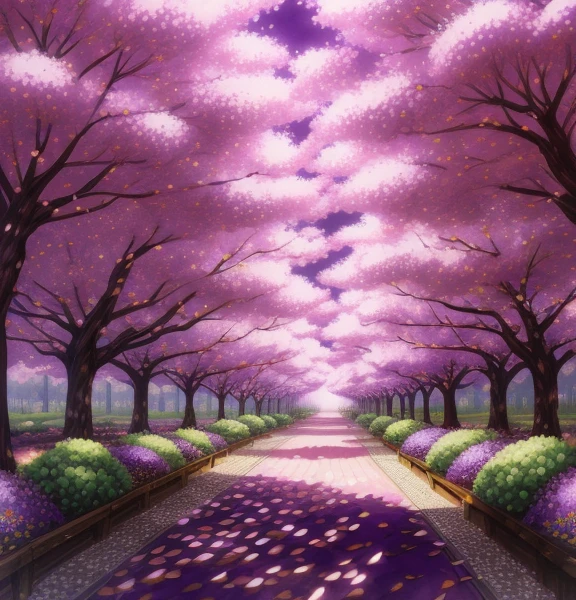 A long walkway, lined with Purple Wajji flowers, leads the way through the tranquil park,
A Surreal Wajji flower bloom,
The blossoming road to heaven, adorned with breathtakingly beautiful trees and trees,
Enchanting Purple Flower Trees, in full bloom, created by Tadashi Nakayama,
A Floral Explosion, so magical and dreamy, captures the essence of the Garden of Eden,
As Kaii Higashiyama's brush strokes bring the Whirlpool of plum petals to life.