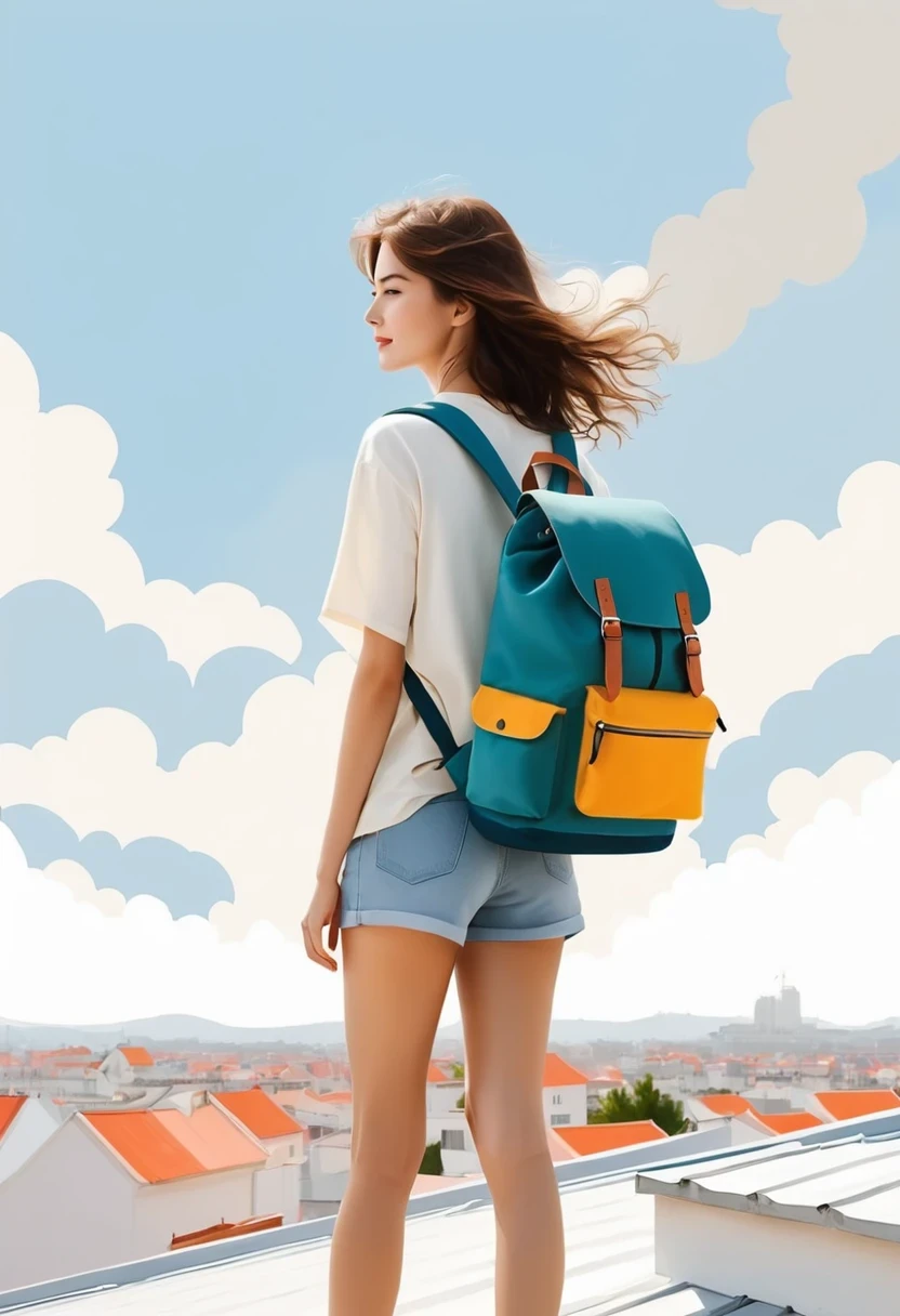 Girl with backpack on rooftop，The backpack is filled with happy spring，Simple lines，Minimalism，abstraction，Lots of white space