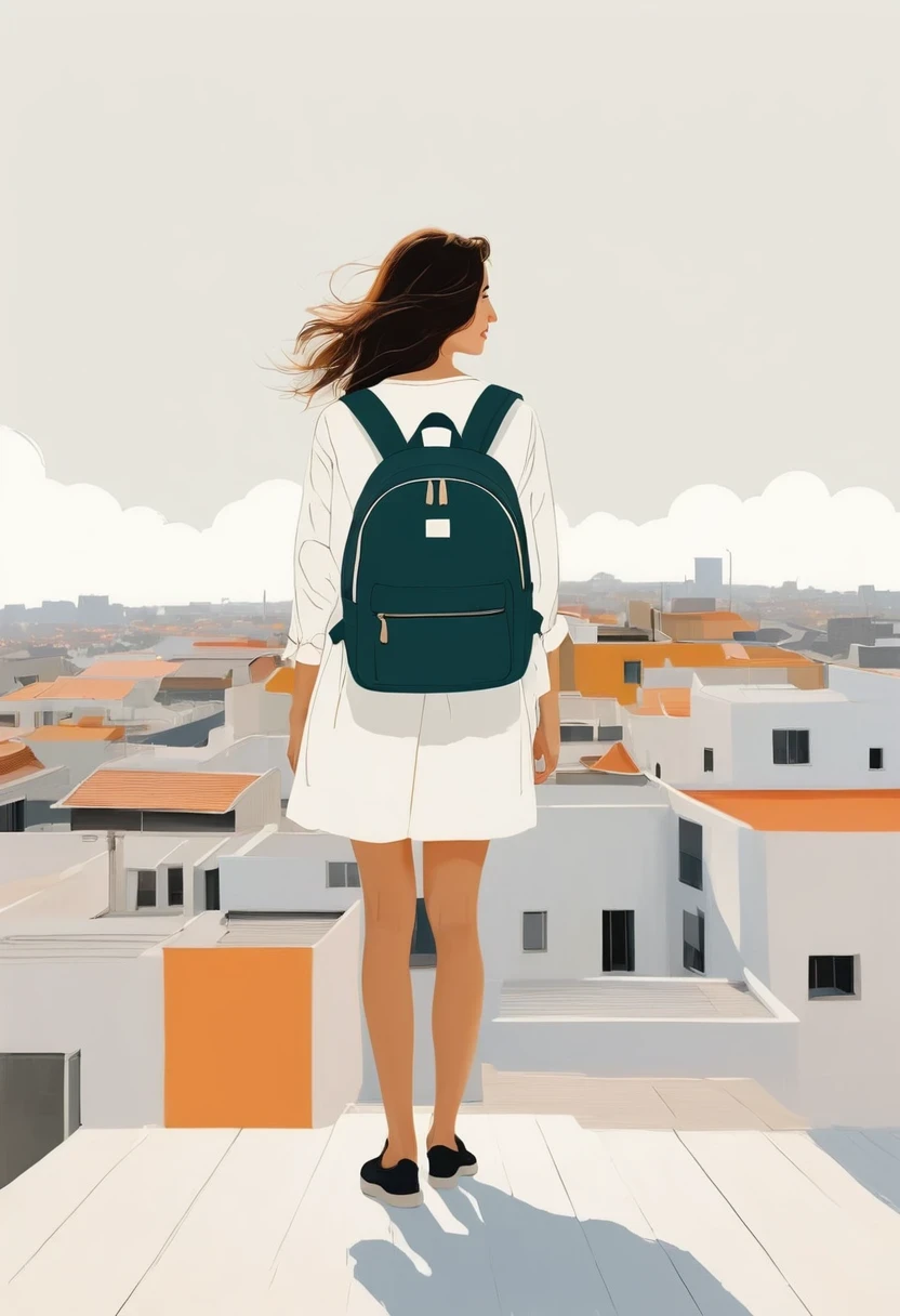 Girl with backpack on rooftop,The backpack is filled with happy spring,Simple lines,Minimalism,abstraction,Lots of white space