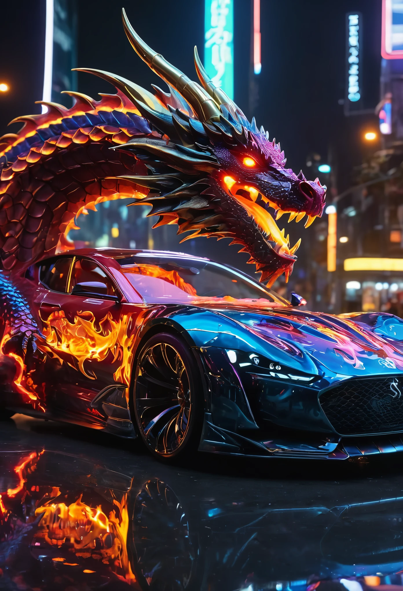 (((epic dragon car with (scales:1.5) and flames))), cyberpunk, futurist, ((background city, glowing light, reflection light, bloom, motion lines, lens flare, f/16, Sony FE, Surrealism, UHD, retina, masterpiece, high quality, ccurate, best quality, 4K, detailed, UE 5))