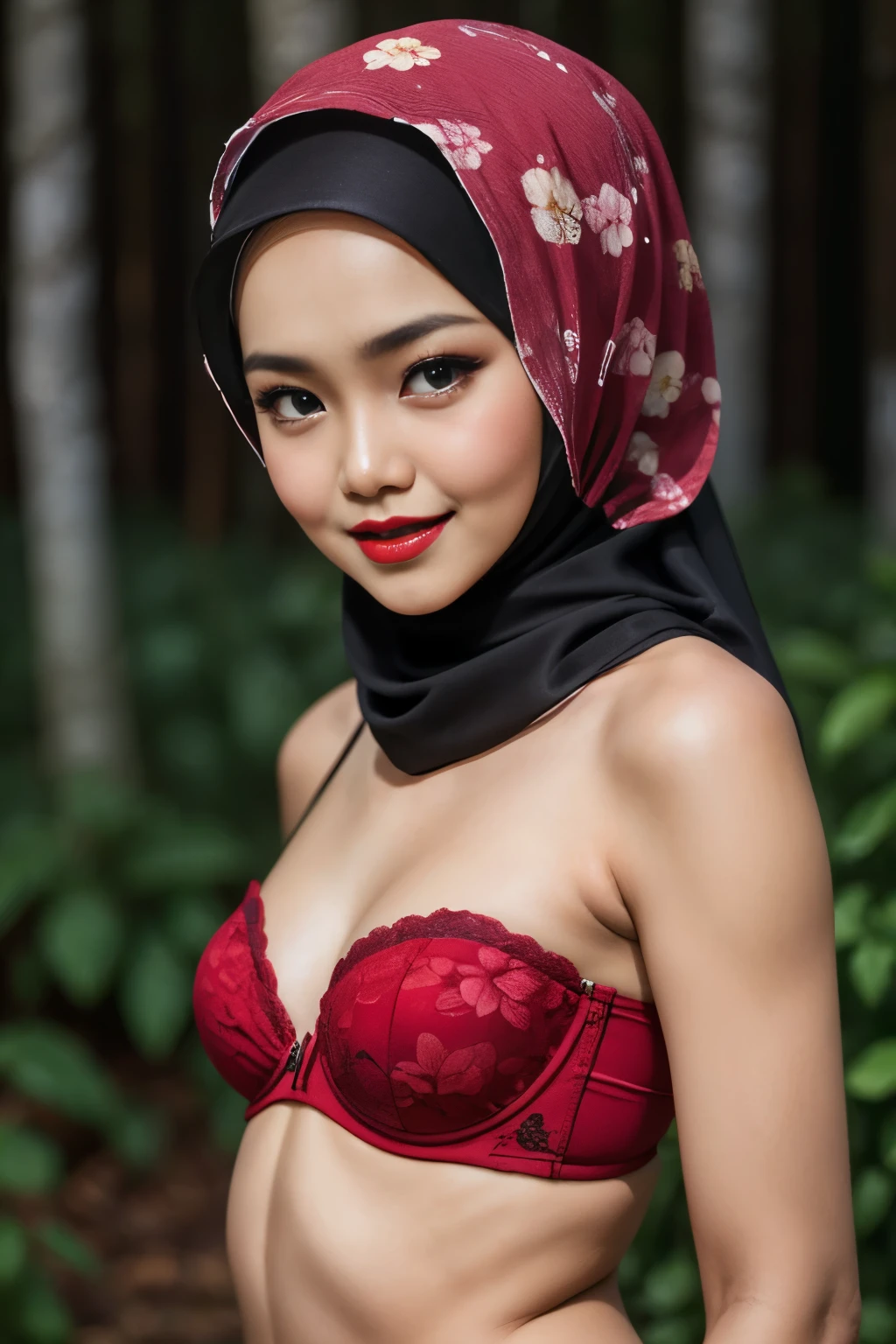 G-STRING & THONG, (Happy smile), (((HIJAB MALAY GIRL))), masutepiece, High quality, UHD 32K, Realistic face, Realistic skin feeling , A Japanese Lady, 8 , , Very cute and baby-like face, (((FLAT CHEST))), (Night time at forest), ((look In front  at the camera and SADNESS)), ((())), (((CUTE GIRL))), ((RED LIPS)), ((Floral Pattern)) little wearing strapless bra, strapless colorful bra, dark night horror scary place (from behind up) seductive pose