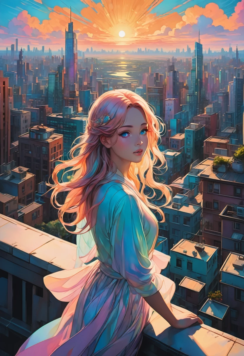 1girl,Person Standing on the Rooftop,aesthetic,scenic view,beautiful detailed eyes, beautiful detailed lips,captivating gaze,happy face,long flowing hair,graceful posture,aesthetic,artistic background,medium: oil painting,ultra-detailed,highres,vivid colors,soft light,peaceful atmosphere,(realistic:1.37),urban environment,modern city skyline, rooftops, distant mountains,sunrise or sunset, slight fog,serene and dreamy,ethereal atmosphere,intricate details,professional,expressive brushstrokes,subtle textures,impressionistic style,art deco influence,intriguing color palette,soft pastel shades,dramatic contrast,romantic elements,inspirational and thought-provoking,fluorescent hues,quirky perspective.
