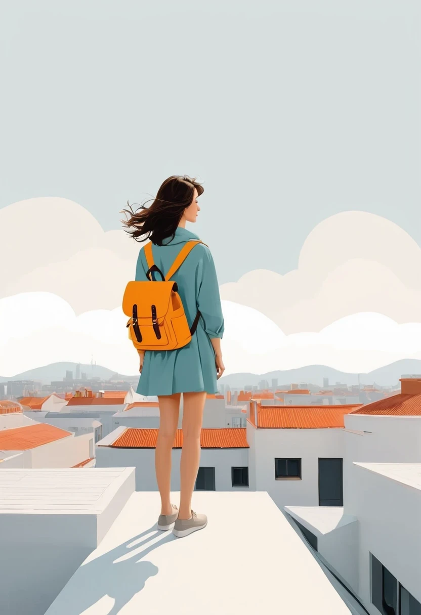 Girl with backpack on rooftop，The backpack is filled with happy spring，Simple lines，Minimalism，abstraction，Lots of white space
