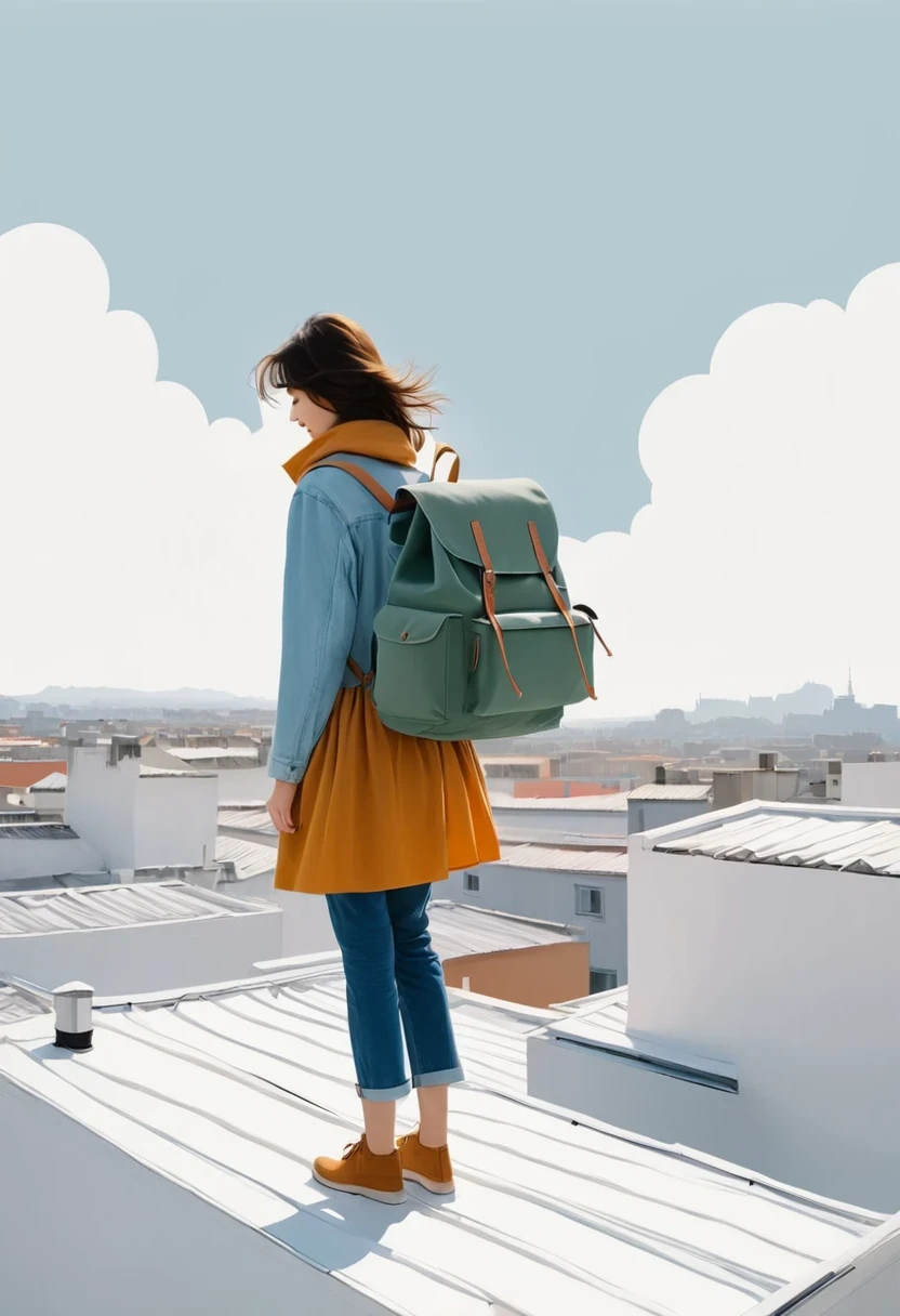 Girl with backpack on rooftop,The backpack is filled with happy spring,Simple lines,Minimalism,abstraction,Lots of white space