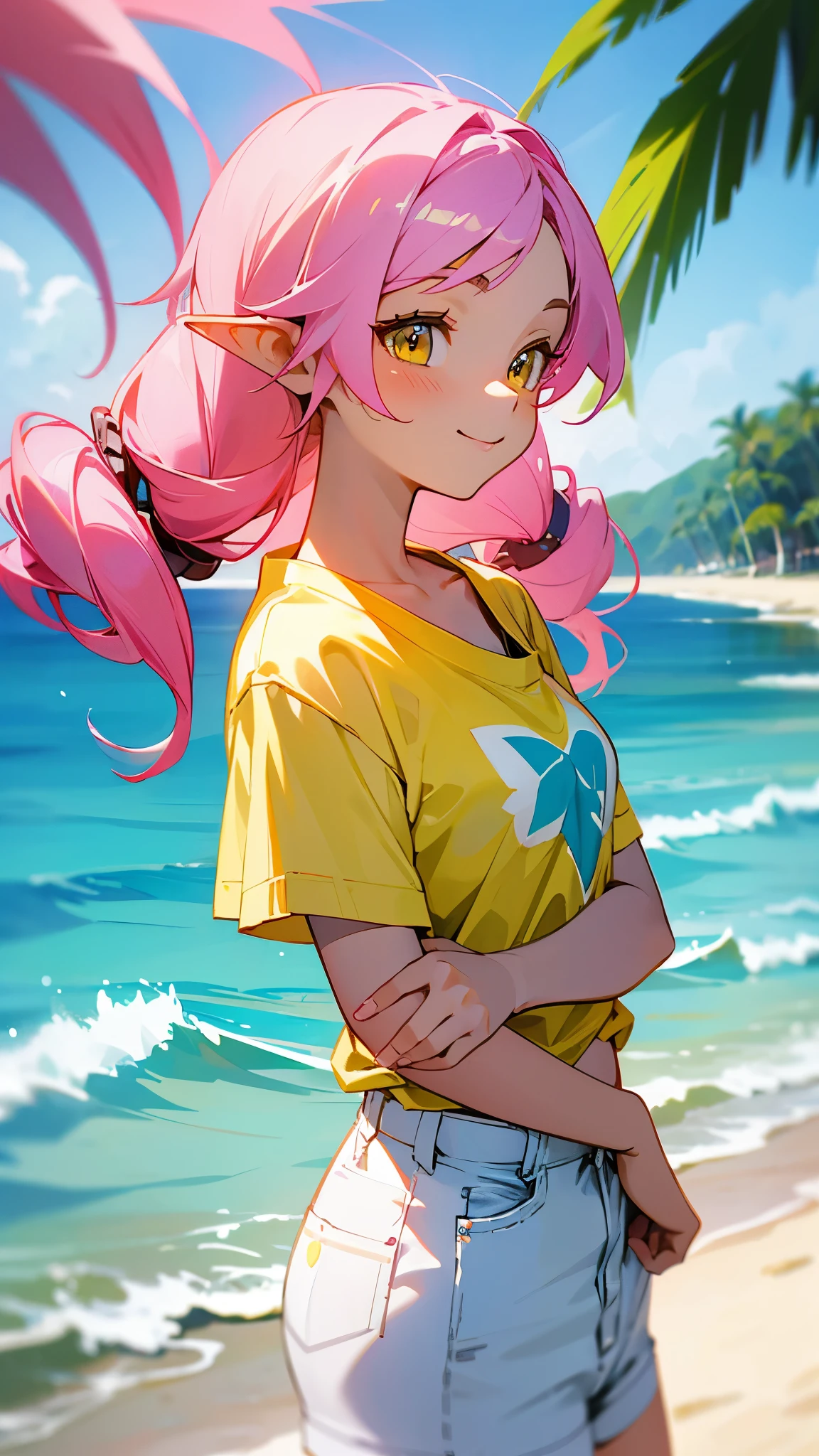 16-year-old girl、Pink Hair、Long Hair、twin drill hairstyle、Beautiful yellow eyes、Pointed Ears、smile、From the side、White T-shirt、White shorts、Anime-style paintings、Very detailed、Vibrant colors、Beach Scenery、Soft lighting、Summer mood