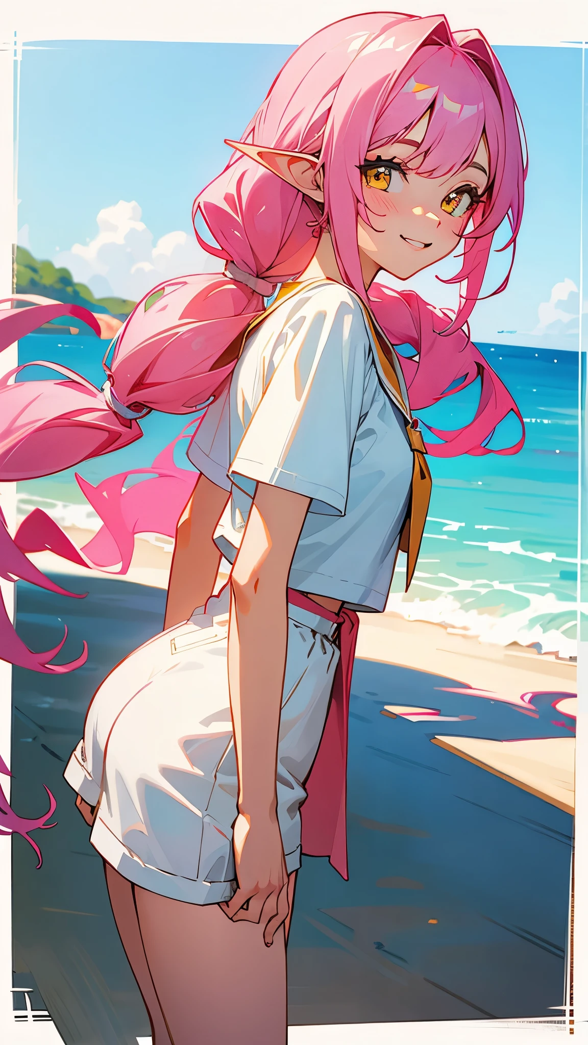 -yeld giPink Hair、Long Hair、twin drill hairstyle、Beautiful yellow eyes、Pointed Ears、smile、From the side、White T-shirt、White shorts、Anime-style paintings、Very detailed、Vibrant colors、Beach Scenery、Soft lighting、Summer mood