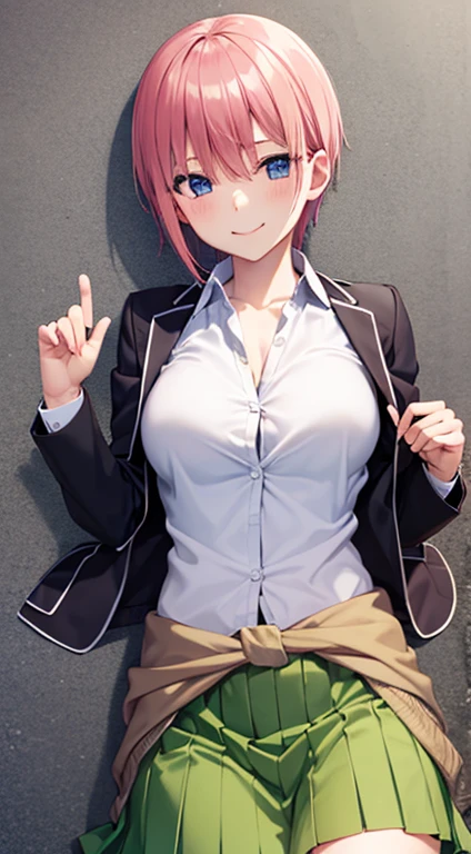 2d, masterpiece, best quality, anime, highly detailed, 1girl, solo, cowboy shot, nakano ichika, pink hair, short hair, cardigan around waist, lying down, collared shirt, green skirt, miniskirt, medium breasts, school, outdoors, smile