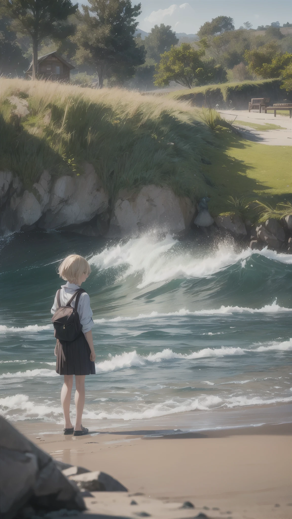 A girl standing alone on a small island in the sea、A girl in her 20s with short blonde hair
