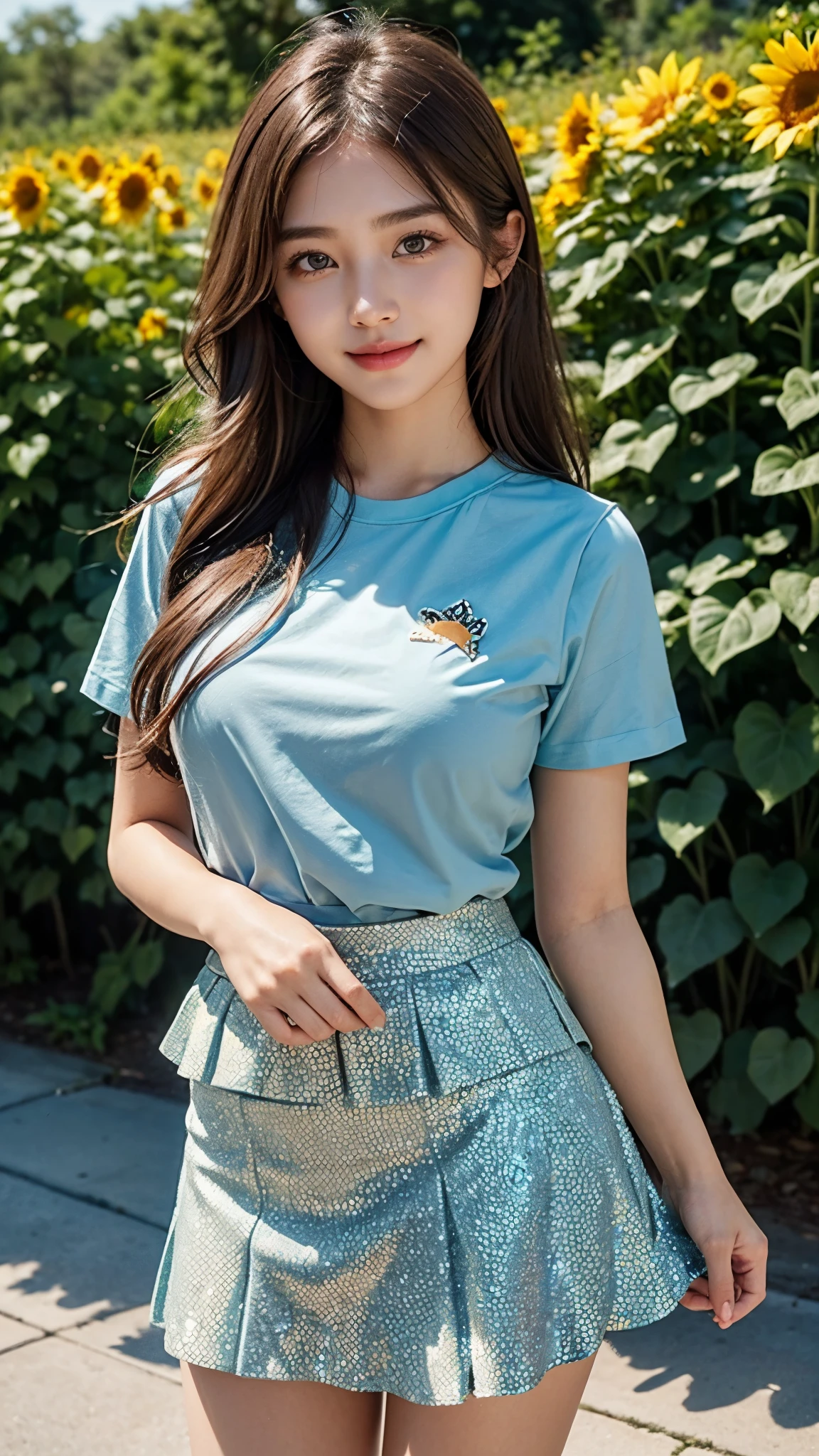 20 years beautiful Girl, korean Girl, 64K, (masterpiece: 1.4), ((Beautiful glitter seafoam Blue colour T-shirt)), ((starfish pink skirt)), ((skirt : 1.2)), nature background, beautiful smile, (smile: 1.2), detailed background, detailed dress, ultra HD image quality, standing in front of sun flower plants, Many sun flower plants, many flowers, every where sun flower plants, sunflowers bunch in hand, 8D , CG unity 8k wallpaper, perfect figure, Young Girl, Beautiful Nature, High resolution Dress Quality, high resolution Face, Hd, Ultra HD, ((Realistic:1.2)), Ultra Realistic, Young Round breasts, Tempting Figure, picture taken from Hasselblad X2D 100C, Very Soft skin, Very Cute face, worlds most beautiful girl, Detailed Dress, Detailed face, Detailed body, Detailed hair, Detailed Background, Award-winning Photography,