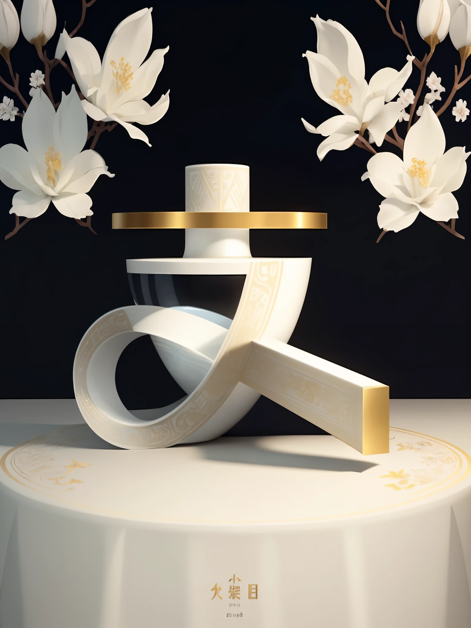 There is a white vase with a gold rim and a white ribbon, Smooth 3D CG rendering, Japanese 3D 8K Ultra Detailed, Behance 3D Art Trends, Behance 3D Art Trends, depicted as a 3 d render, Chinese, Stylized as 3D rendering, by Yu Zhiding, Art Nouveau Octane Rendering, Home