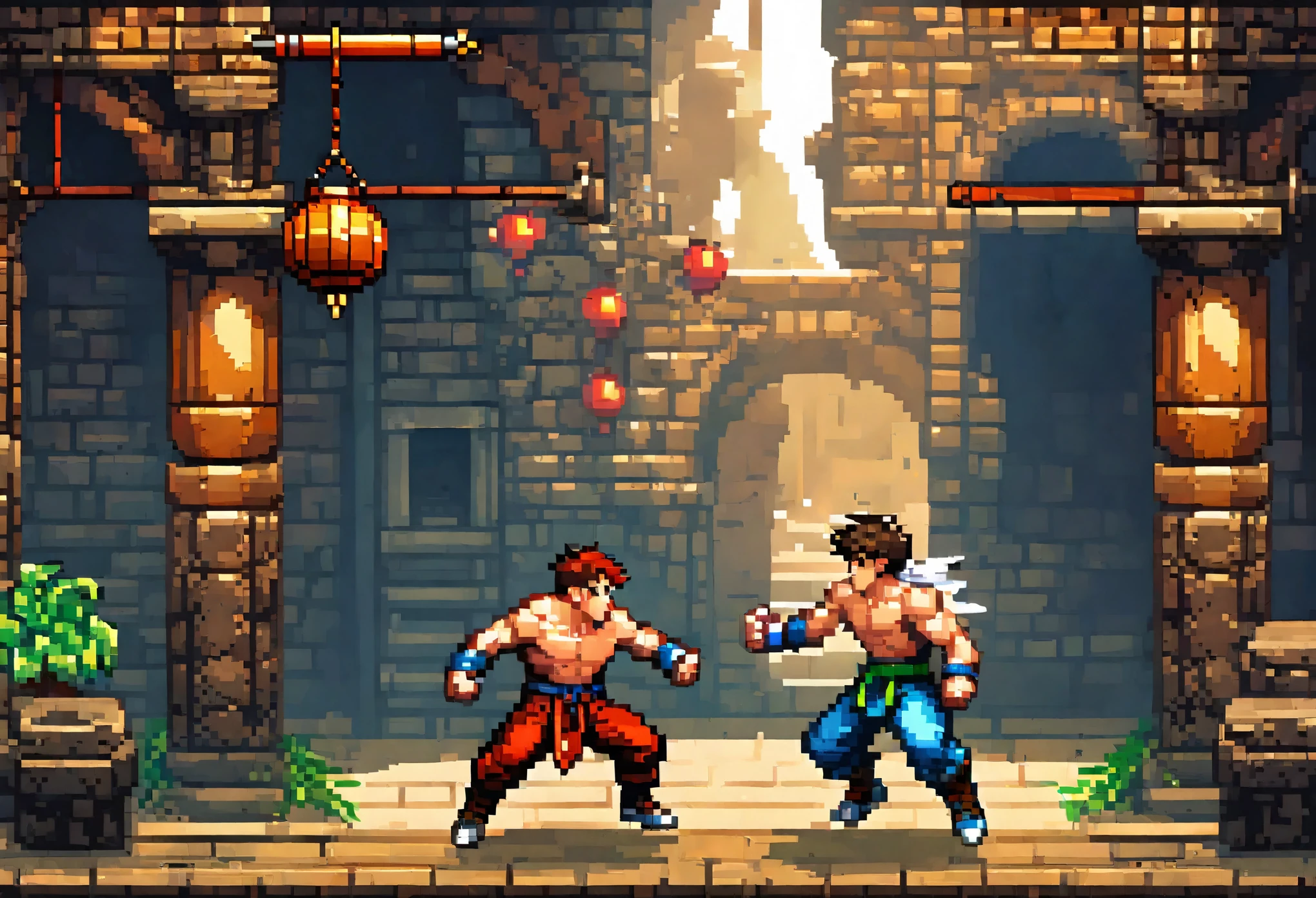 highres, absurdres, perfect anatomy(super handsome 2boys, pair)detailed background, User Interface of Fighting game, dots game, pixel art, dungeon, jumping, punch, kick, full body, sound effects, motion blur, “VS”