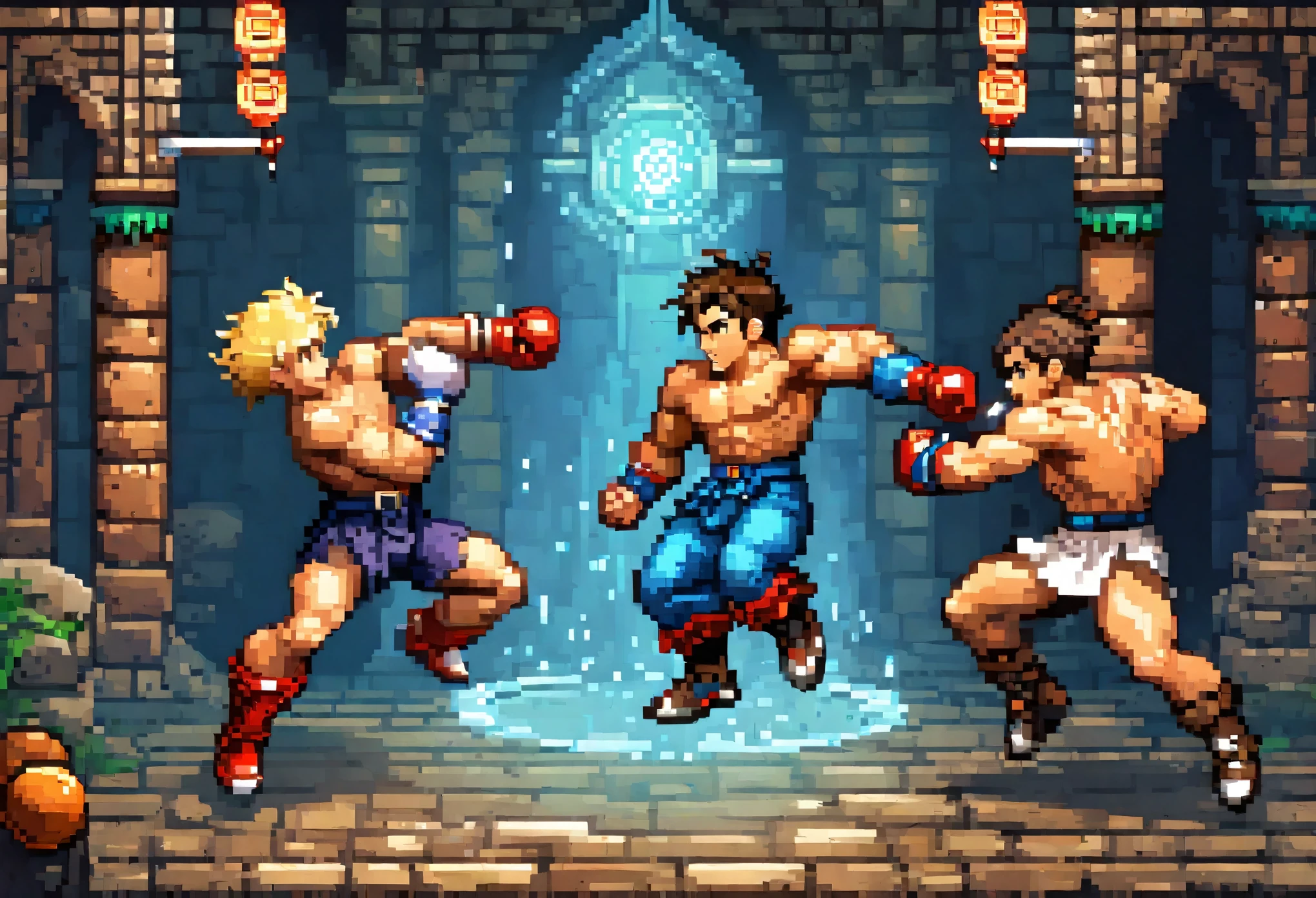 highres, absurdres, perfect anatomy(super handsome 2boys, pair)detailed background, User Interface of Fighting game, dots game, pixel art, dungeon, jumping, punch, kick, full body, sound effects, motion blur, “VS”