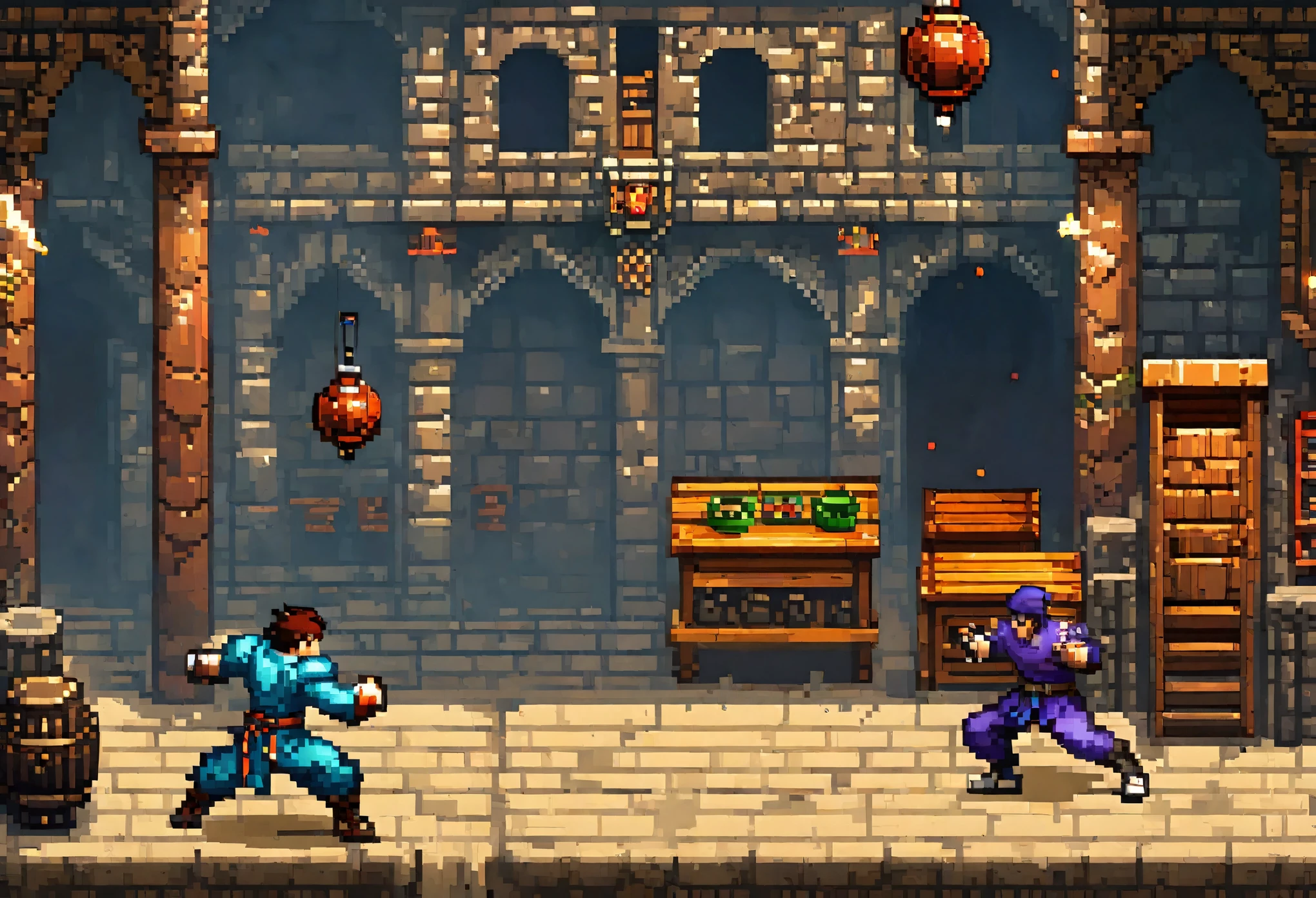 highres, absurdres, perfect anatomy(super handsome 2boys, pair)detailed background, User Interface of Fighting game, dots game, pixel art, dungeon, jumping, punch, kick, full body, sound effects, motion blur, “VS”
