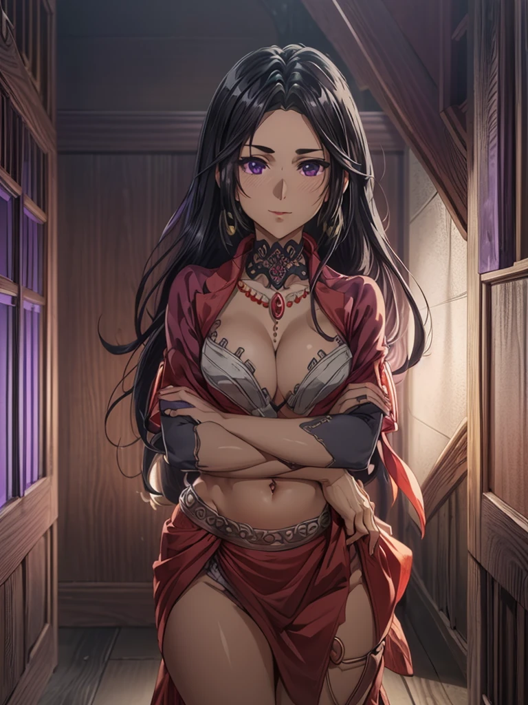 (8k, RAW photos, minino:1.1) ,female,(looki at viewer company),cowboy lens,Japanese,cattleya baudelaire / (violet evergarden\),(fullbody saree:1.1),La Brett Piercing,cleavage,(((red saree))),seductive smile,Be red on the face, full body photo, standing, lean, muscular legs, muscular belly, long hair, black hair, purple eyes, open hair, medium breasts, (no bindi) Professional lighting、photon mapping、physics-based rendering、dark theme,wearing wifs, jewellery and necklace, alone, extreme high quality, legs covering saree