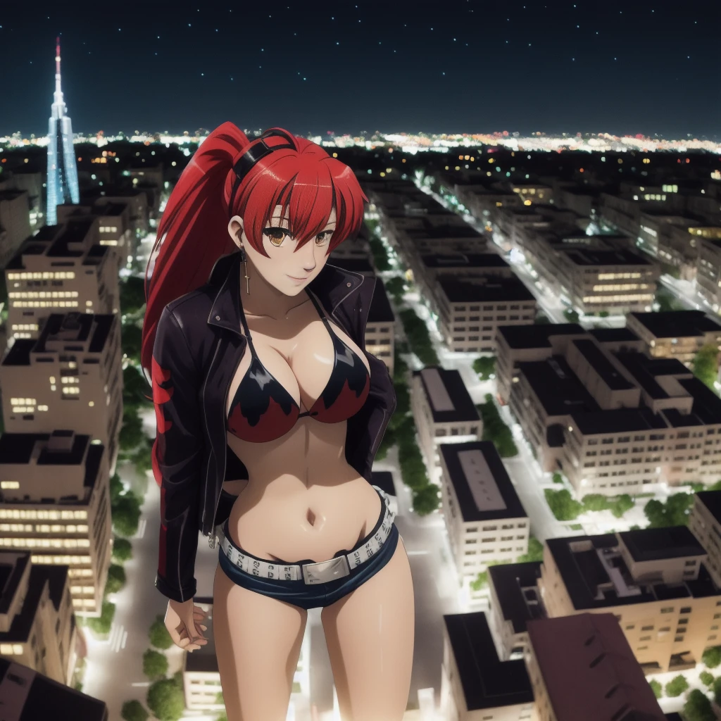 (masterpiece, best quality), protogen, intricate details, (top view of a building roof at night), cinematic lighting, solo,1girl, Standing on the Rooftop, she's looking far away, aim with her rifle. wearing shortsblack shortslong red hairpony tail side, bangs, bikin with fire pattern, BREAK moon, cityscape, chromatic aberration, sky, scraper, city lights, building, road, realism, realistic, white belt,jacket with fire pattern,black jacket,shorts,black shorts,long red hair,pony tail,side bangs,bikini,bikini with fire pattern, reavealing clothes, 