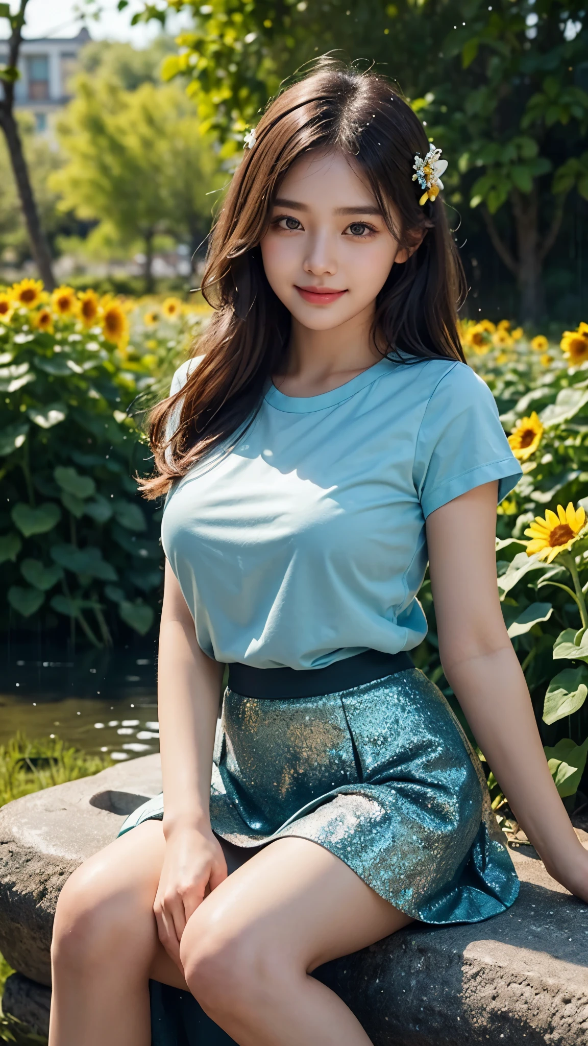 22 years beautiful Girl, korean Girl, 64K, (masterpiece: 1.4), ((Beautiful glitter seafoam Blue colour T-shirt)), ((starfish pink skirt)), ((skirt : 1.2)), nature background, beautiful smile, (smile: 1.2), detailed background, detailed dress, ultra HD image quality, sitting in middle of sun flower plants fields, Many sun flower plants, many flowers, every where sun flower plants, sunflowers bunch in hand, 8D , CG unity 8k wallpaper, perfect figure, Young Girl, Beautiful Nature, High resolution Dress Quality, high resolution Face, Hd, Ultra HD, ((Realistic:1.2)), Ultra Realistic, Young Round breasts, Tempting Figure, picture taken from Hasselblad X2D 100C, Very Soft skin, Very Cute face, worlds most beautiful girl, Detailed Dress, Detailed face, Detailed body, Detailed hair, Detailed Background, Award-winning Photography, ((Rainy Atmosphere)), (Dim light)