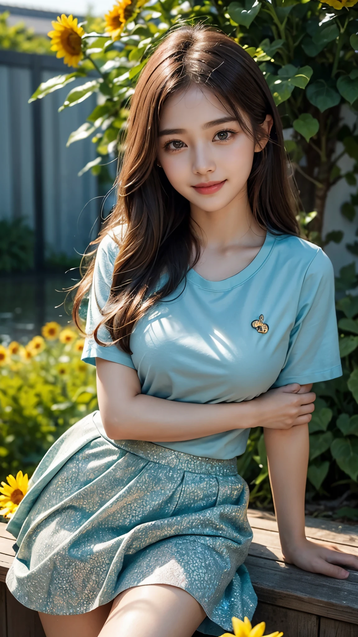 22 years beautiful Girl, korean Girl, 64K, (masterpiece: 1.4), ((Beautiful glitter seafoam Blue colour T-shirt)), ((starfish pink skirt)), ((skirt : 1.2)), nature background, beautiful smile, (smile: 1.2), detailed background, detailed dress, ultra HD image quality, sitting in middle of sun flower plants fields, Many sun flower plants, many flowers, every where sun flower plants, sunflowers bunch in hand, 8D , CG unity 8k wallpaper, perfect figure, Young Girl, Beautiful Nature, High resolution Dress Quality, high resolution Face, Hd, Ultra HD, ((Realistic:1.2)), Ultra Realistic, Young Round breasts, Tempting Figure, picture taken from Hasselblad X2D 100C, Very Soft skin, Very Cute face, worlds most beautiful girl, Detailed Dress, Detailed face, Detailed body, Detailed hair, Detailed Background, Award-winning Photography, ((Rainy Atmosphere)), (Dim light)