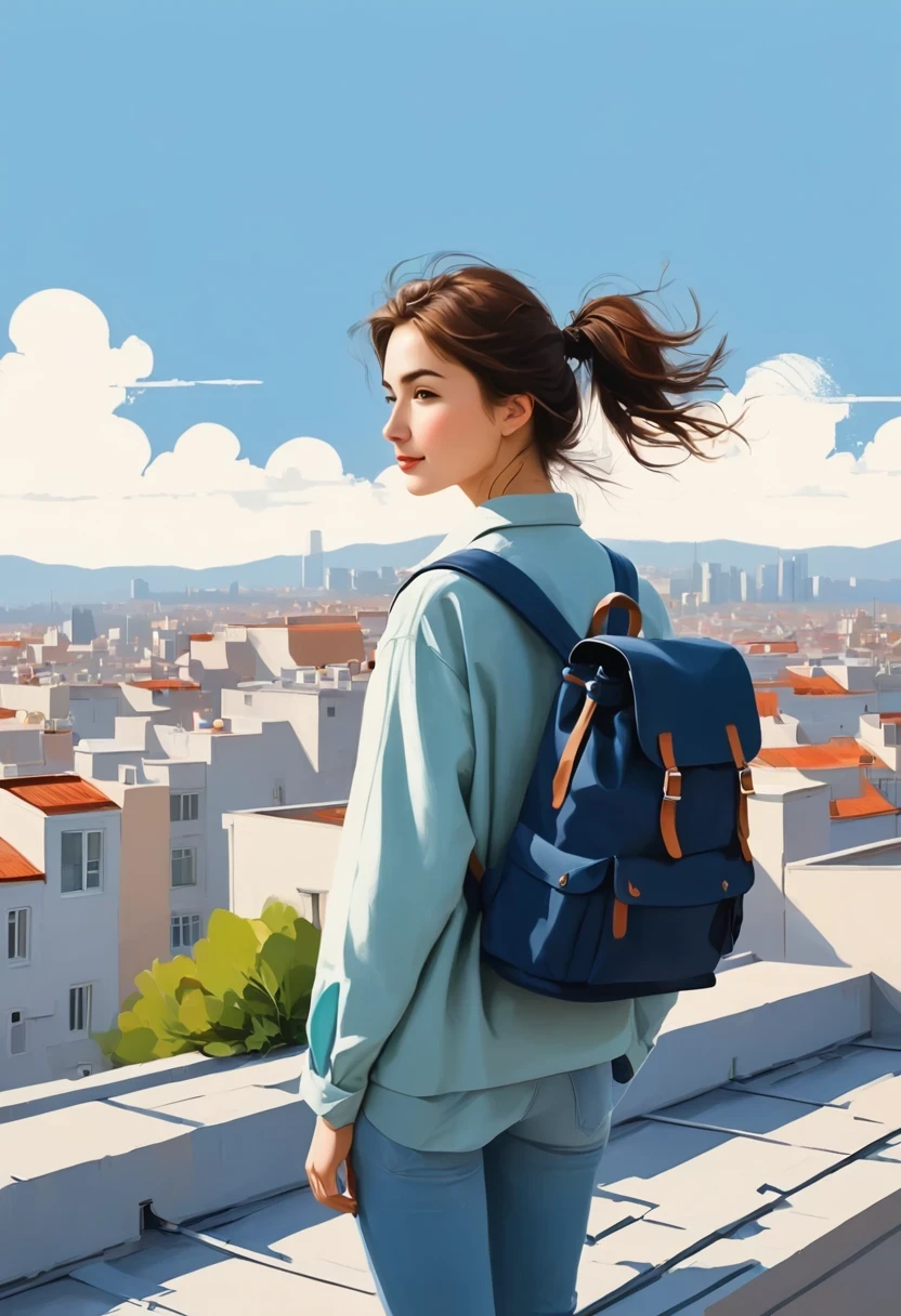 (Standing on the rooftop:1.3),Girl with backpack on rooftop,The backpack is filled with happy spring,Simple lines,Minimalism,Abstract Art,City background