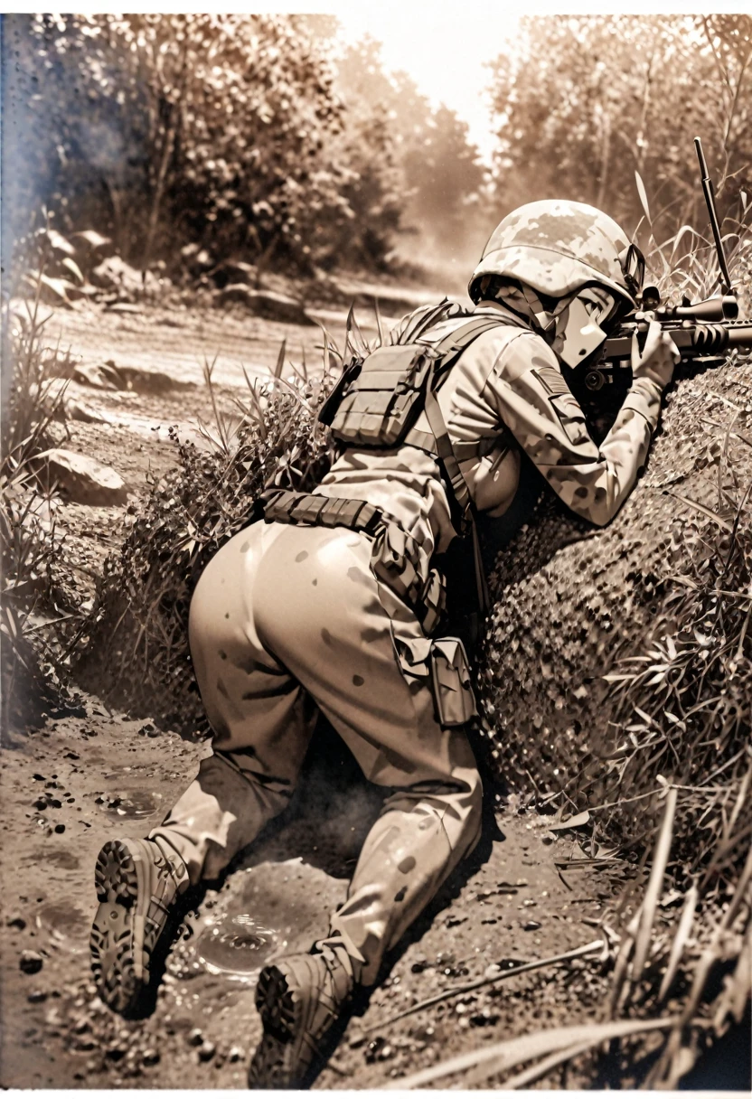 High quality, high definition, high precision images,8k Full HD.1 girl.America,army Modern soldier,Hide in the bushes and assume a sniper position,sniper rifle,Put on a helmet,(camouflage) (Lying on the ground).(Full face camouflage makeup),Covering the body in a giri suit.Brown rabbit, covered in mud、Back view