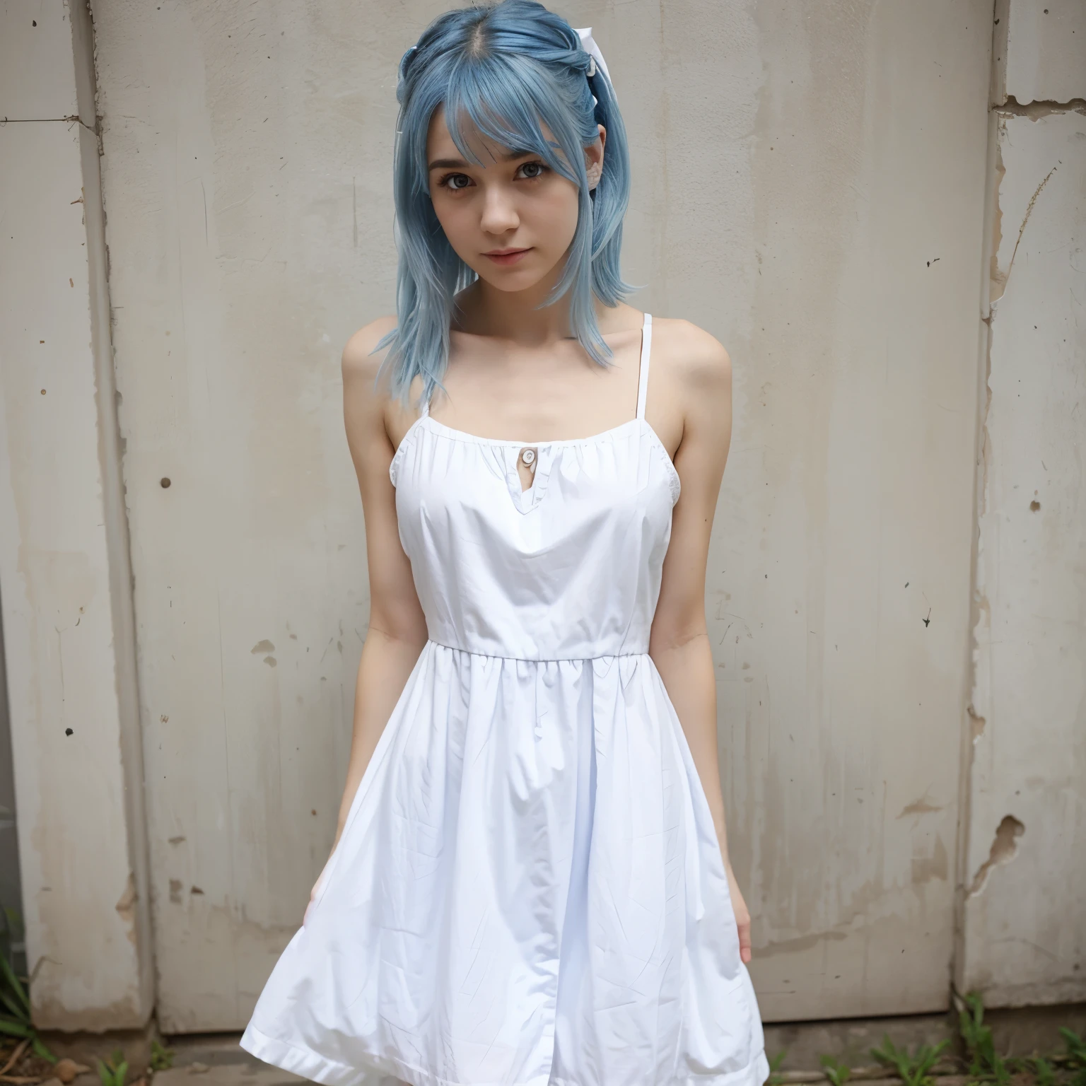 Cute girl little blue hair white dress