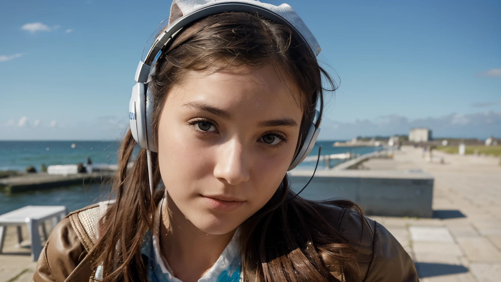 Imagine a girl in close-up who listens to music with headphones on her ears, elle est au bord de la mer, il fait beau il est environ 18 heures