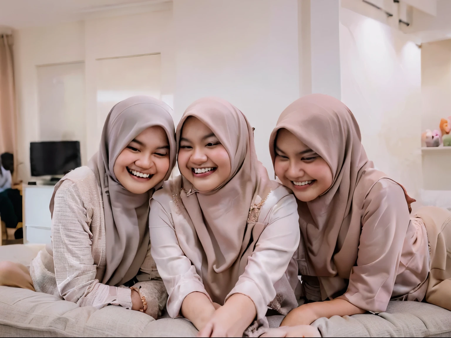 3 malay girls, (happy smile, laughing: 1.3), 8k, RAW portrait of malay girls with pompom plain hijab, 80mm, ultra high resolution, top quality, break wearing bra and high waist short pleated skirt, top view, (looking up at the viewer from below), big, modern grey pastel living room, bed, sitting on fluffy couch with many big cute pillow, many cute pillow, break (natural skin texture, detailed skin, hyper-realism, super sharpness), intricate details, high resolution, natural light, cheerful environment, pastel color, high quality, 8k,