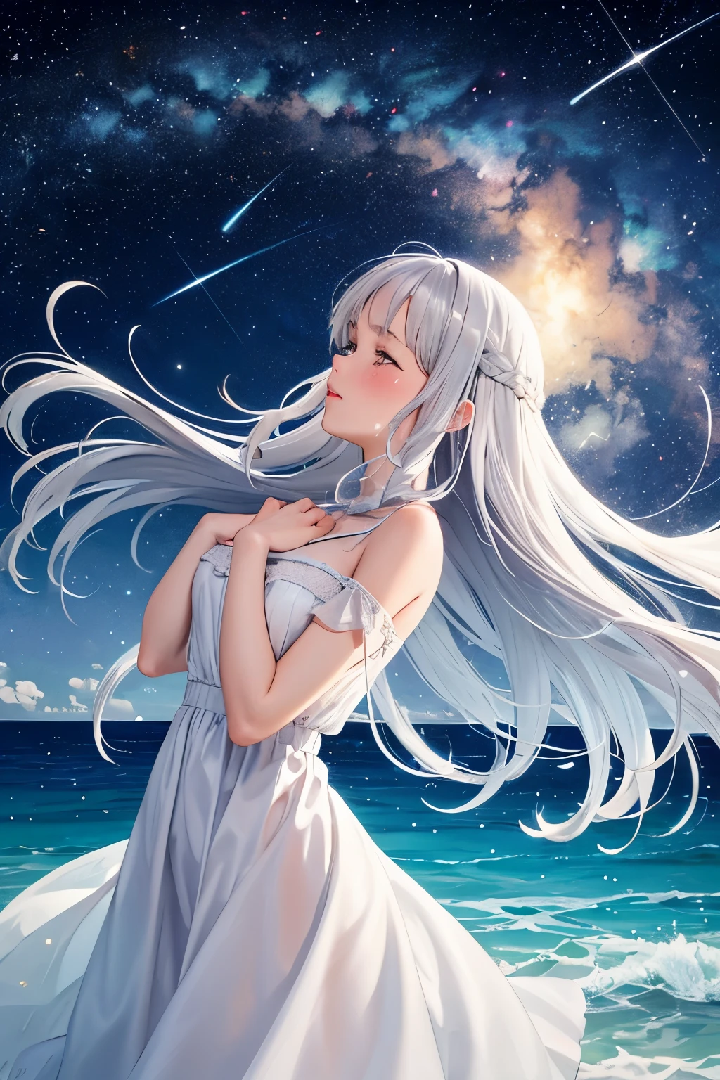 hair color is silver　Girl with long hair　The Virgin Mary is crying as she looks at the starry sky with her hair fluttering in the wind. She is wearing a white dress. The sea breeze blows and the light dances around her.