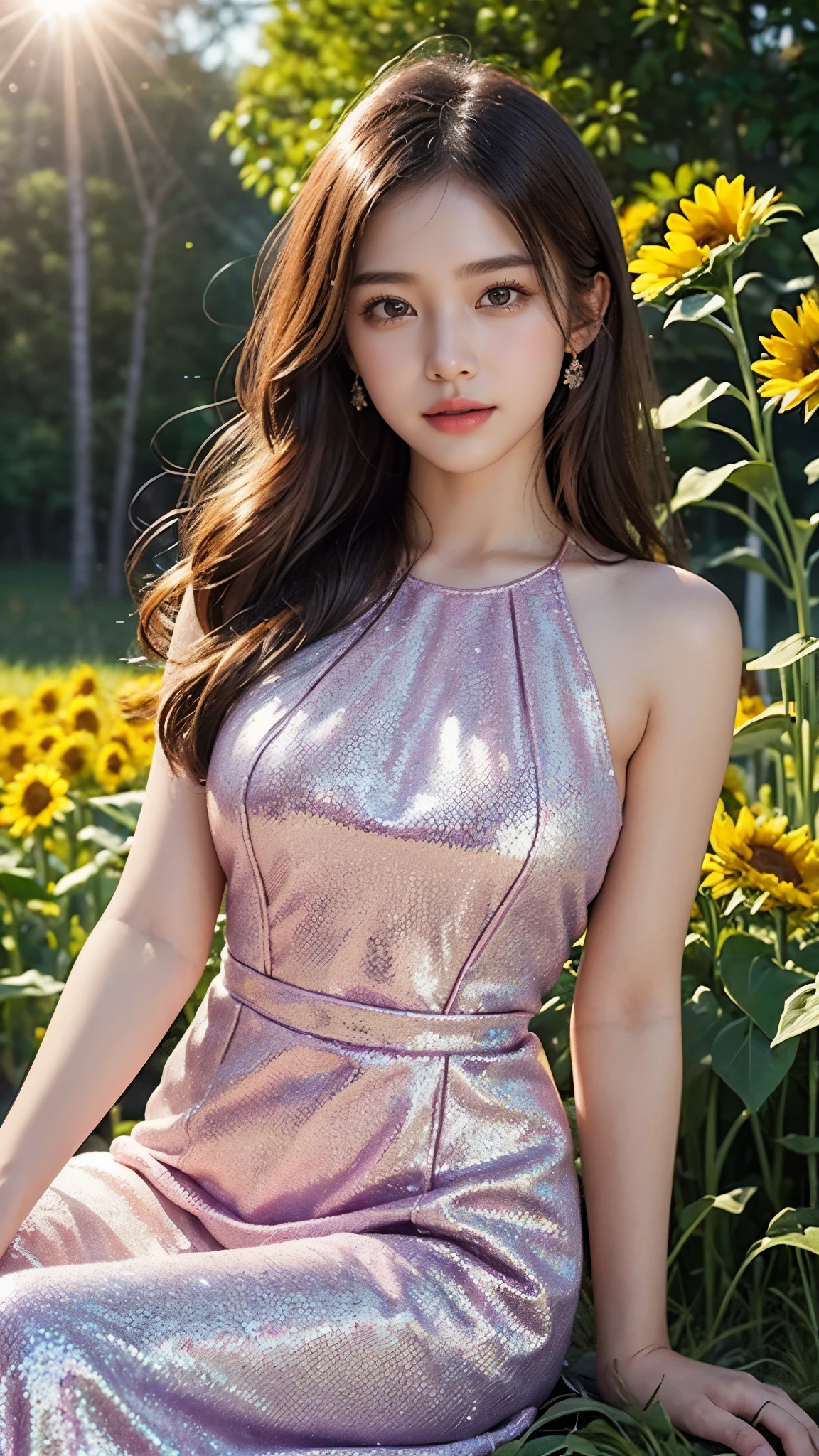 20 years beautiful Girl, korean Girl, 64K, (masterpiece: 1.4), ((Cosmic Glitter Knit- Pink Fabricc frock dress)), ((Fabric has a glitter lurex detail which shines and sparkles)), nature background, beautiful smile, (smile: 1.2), detailed background, detailed dress, ultra HD image quality, ((sitting On tall grass which is middle of sun flower plants fields)), Many sun flower plants, many flowers, every where sun flower plants, sunflowers bunch in hand, 8D , CG unity 8k wallpaper, perfect figure, Young Girl, Beautiful Nature, High resolution Dress Quality, high resolution Face, Hd, Ultra HD, ((Realistic:1.2)), Ultra Realistic, Young Round breasts, Tempting Figure, Very Soft skin, Very Cute face, worlds most beautiful girl, Detailed Dress, Detailed face, Detailed body, Detailed hair, Detailed Background, Award-winning Photography, ((Ray Tracing: 1.2))